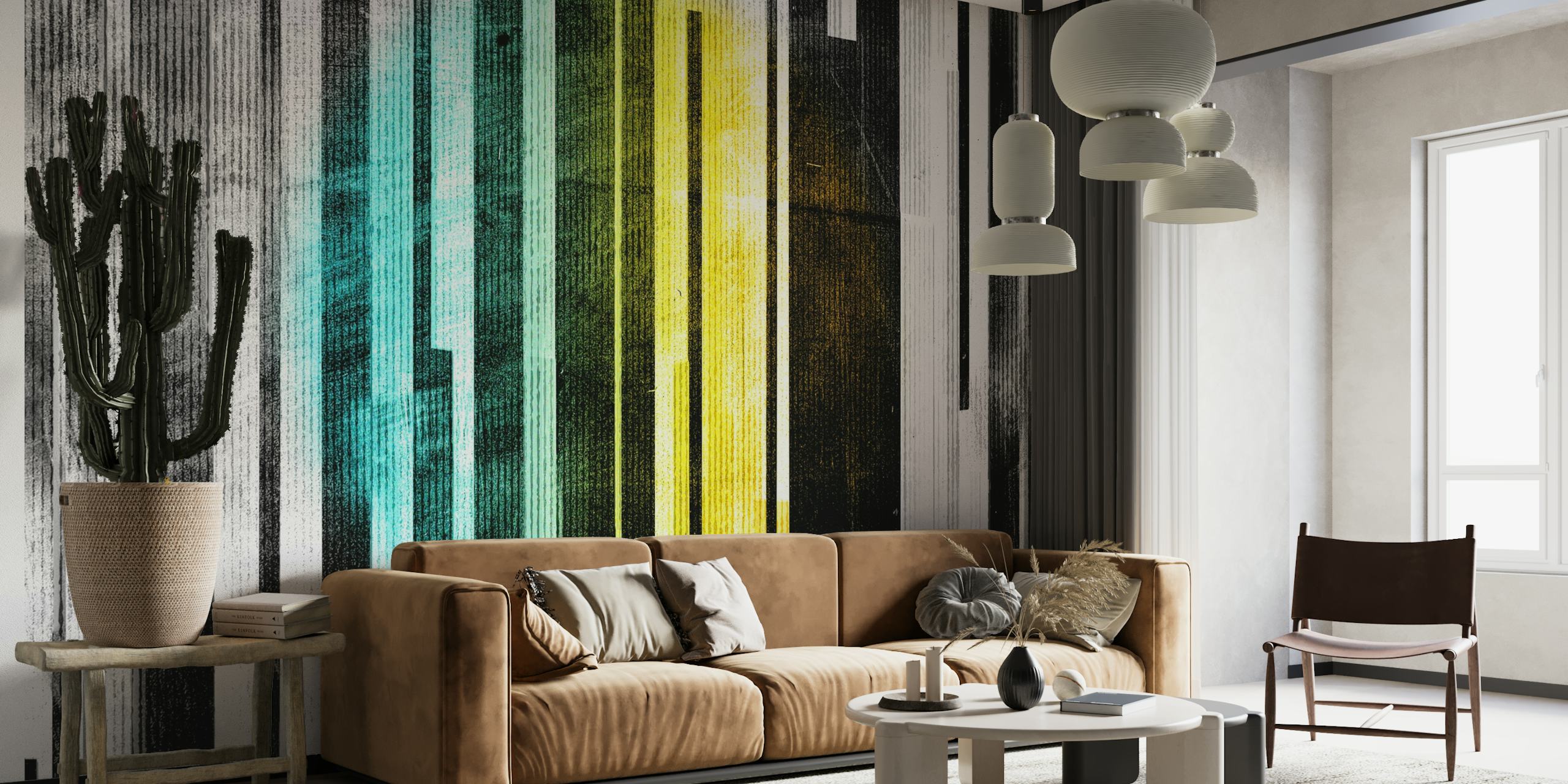Abstrakti seinämaalaus pystysuorilla viivoilla mustana, valkoisena, akvamariinina ja keltaisena