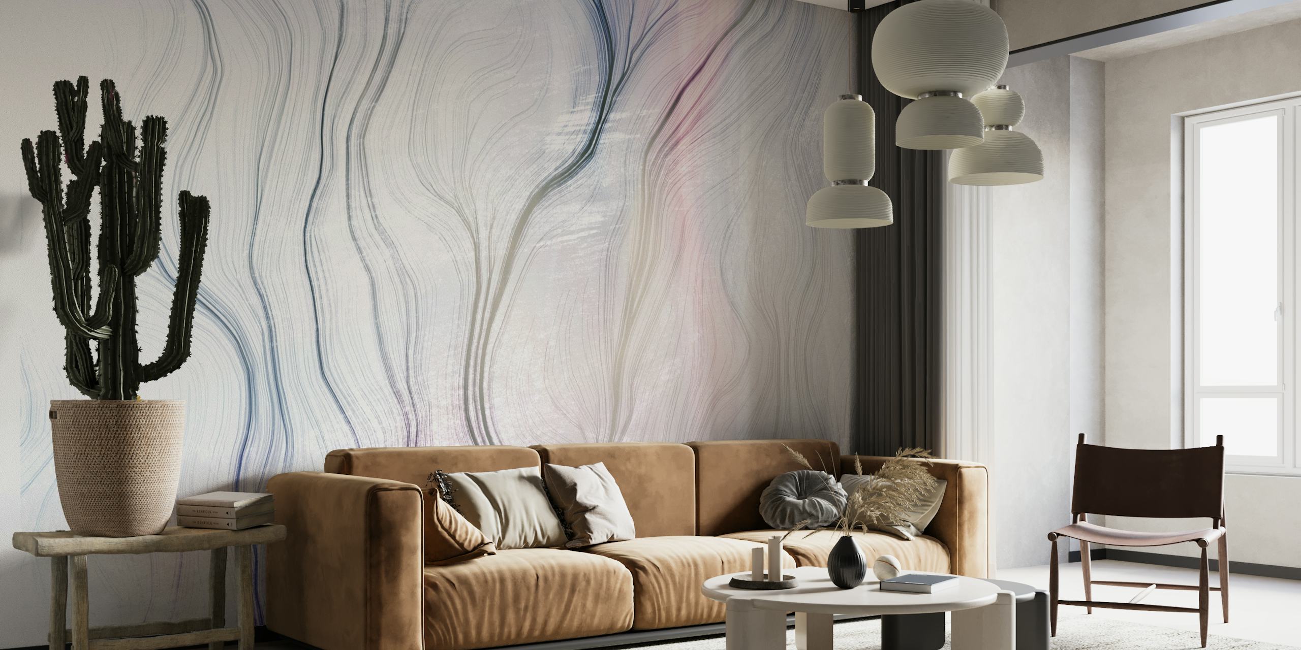 Abstraktien pastelliviivojen seinämaalaus "Path 1" on rauhallinen huoneen sisustukseen.