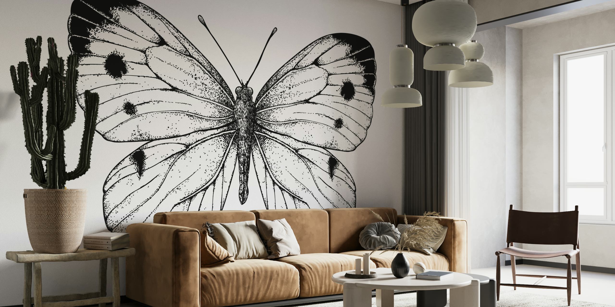 Mustavalkoinen kaaliperhonen seinämaalaus