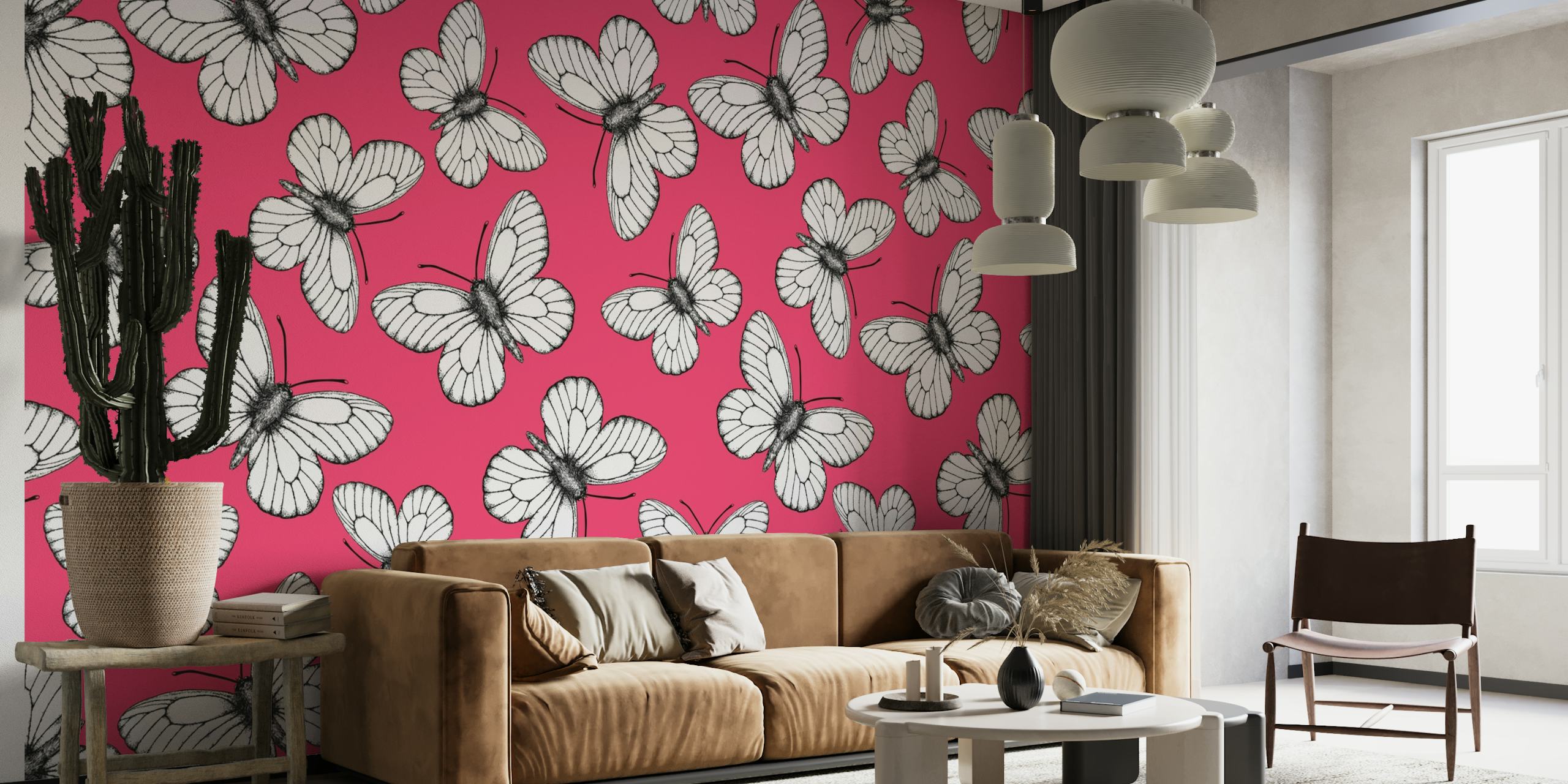 Hvidt sommerfuglemønster på pink baggrundsvægmaleri