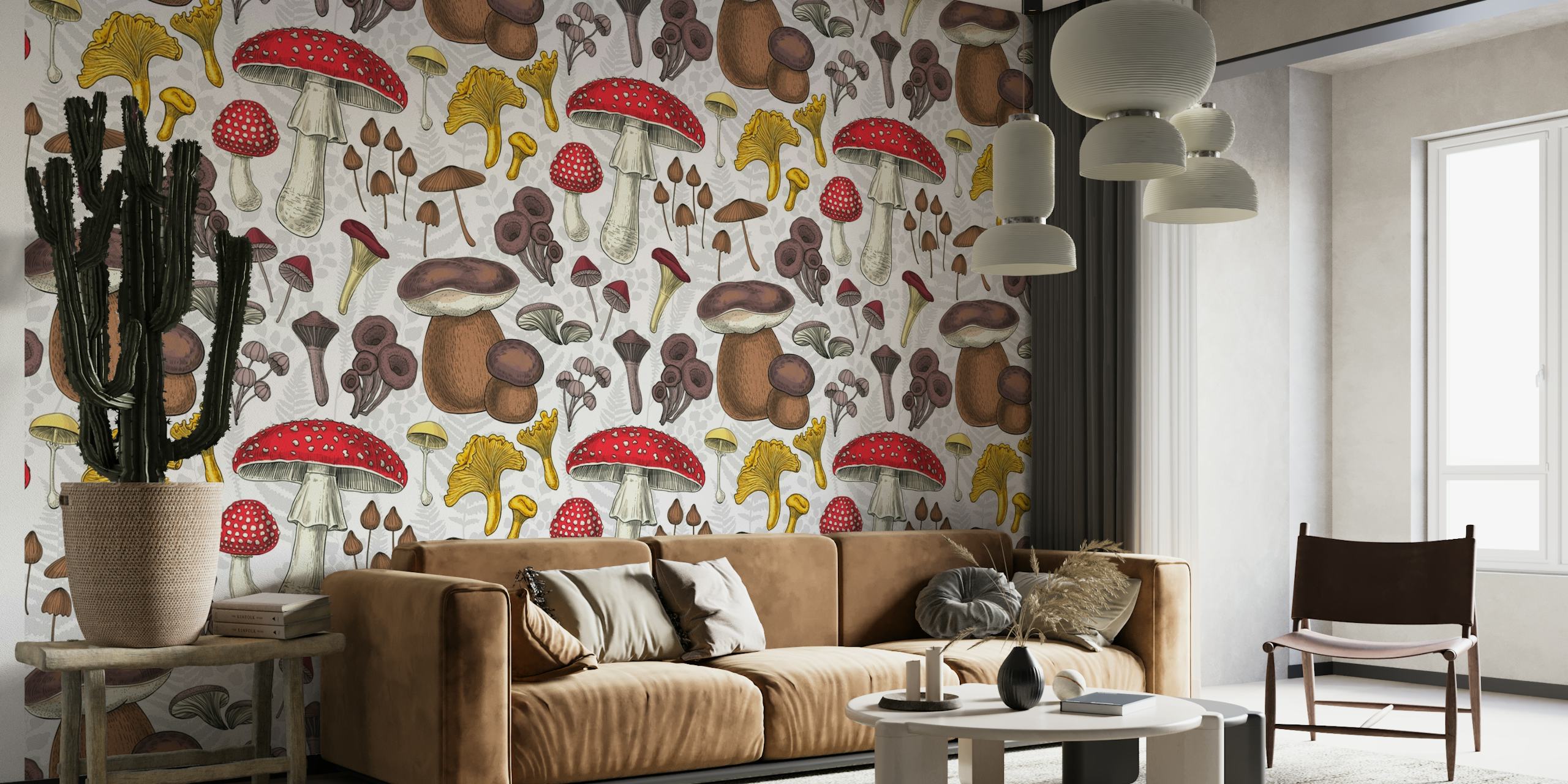 Villisienten seinämaalaus erilaisilla värikkäillä sienillä