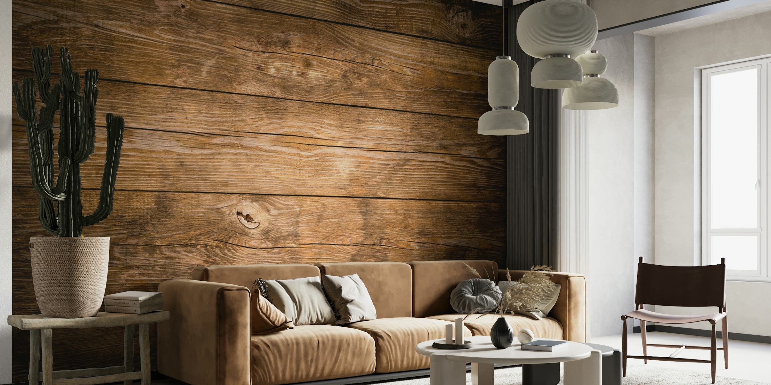 Rustic wood wall mural with textured wooden plank design
