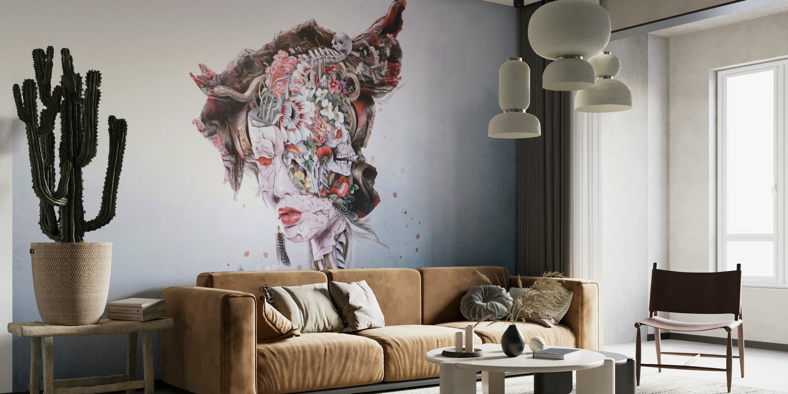 Artistic wall mural depicting a surreal queen surrounded by flowers