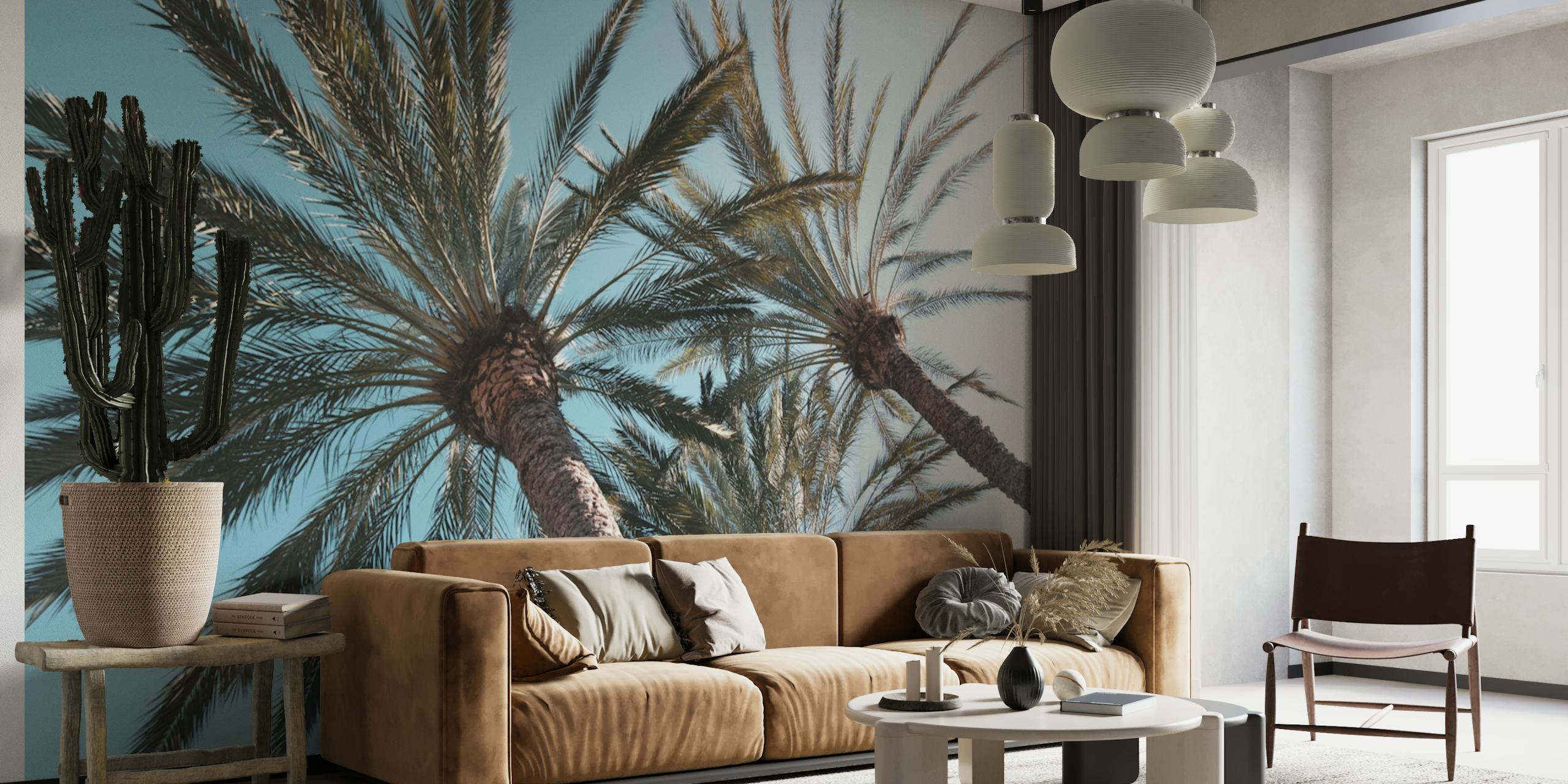 Palm Trees Bliss -seinämaalaus, jossa kohoavat palmut ja kirkas taivas