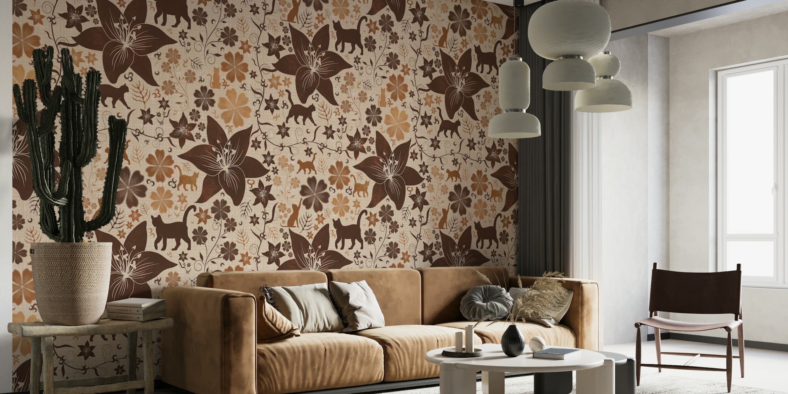 Wall mural of cats and floral patterns in earth tones
