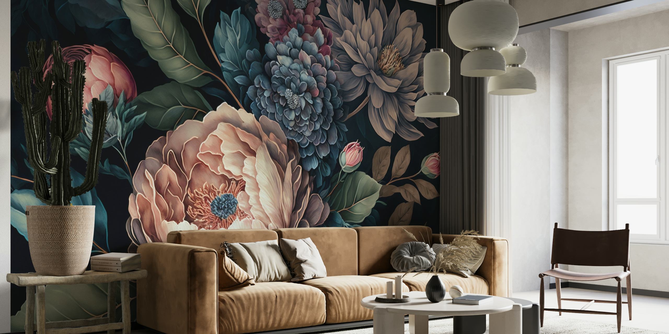 Moody Baroque style large floral wall mural with dark background and richly-hued flowers