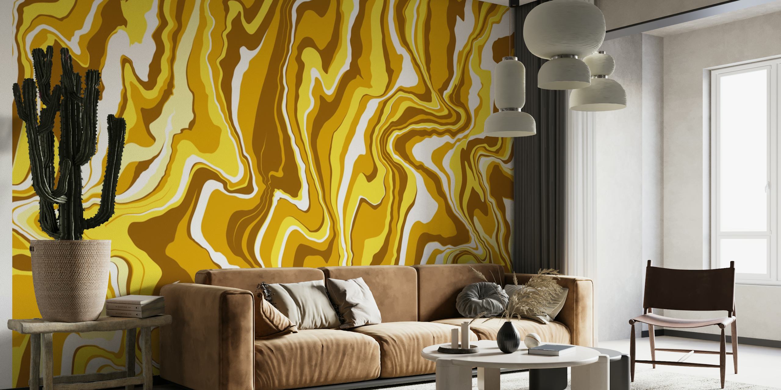 Fluid Art 4 vægmaleri med gyldne hvirvler og flydende abstrakt design