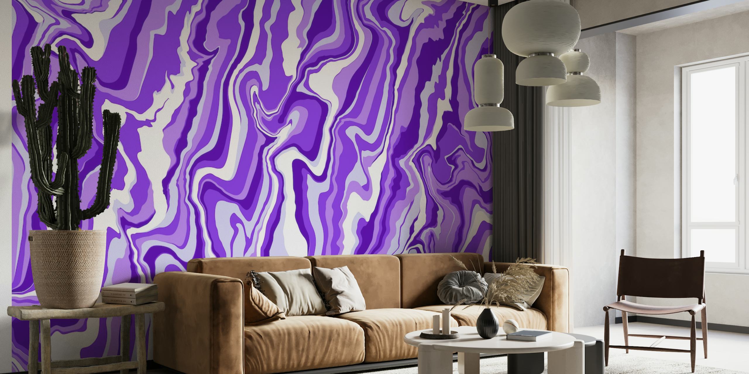 Abstrakti violetti ja valkoinen nestemäinen taidekuvioinen seinämaalaus