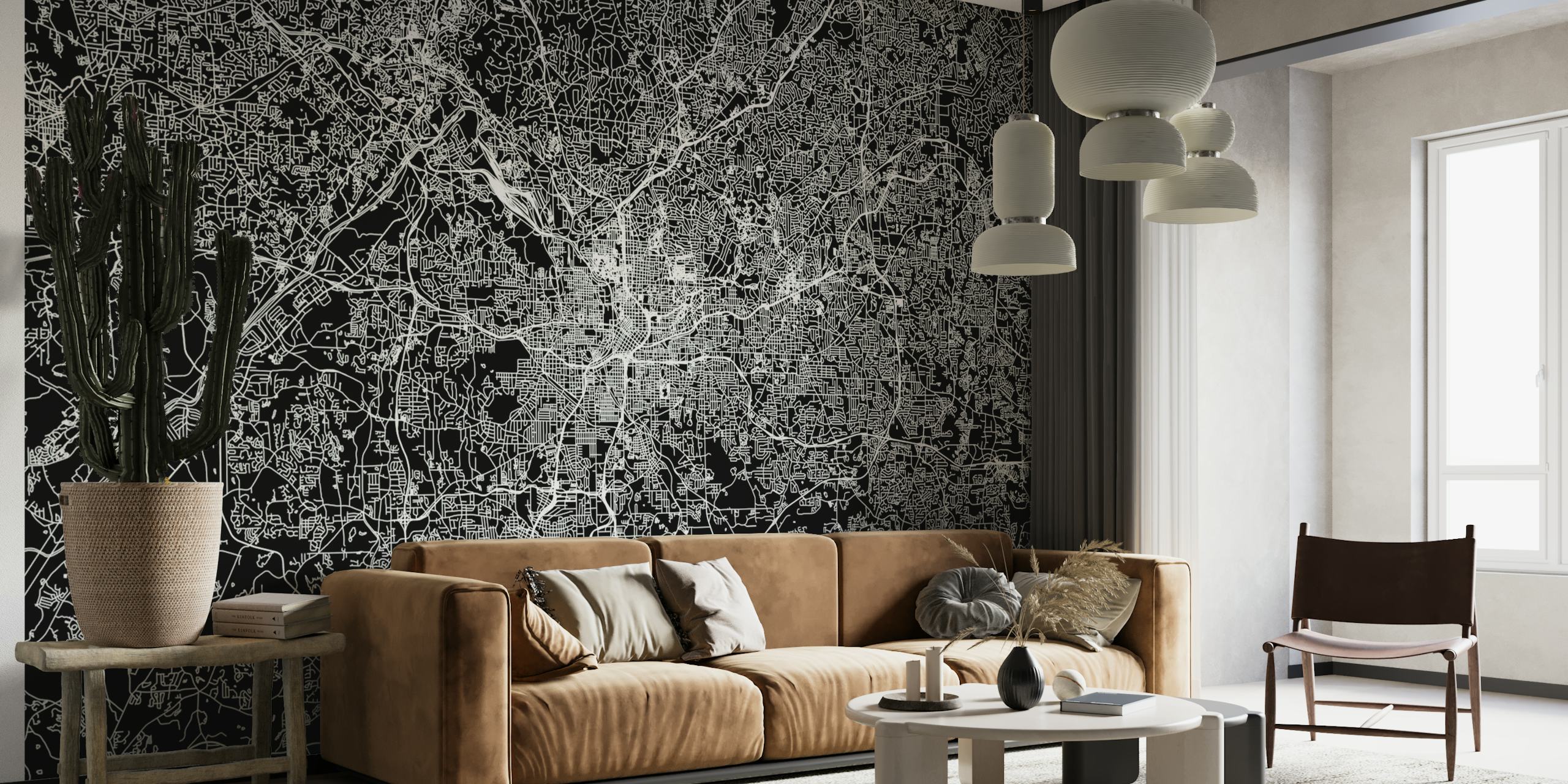 Stylová černobílá nástěnná malba s plánem města Atlanty pro moderní interiér.
