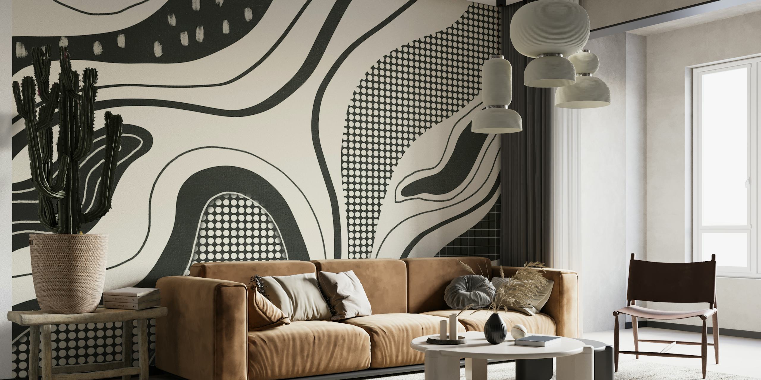 Retro Fusion 03 abstrakt sort/hvid vægmaleri med flydende former og prikkede mønstre