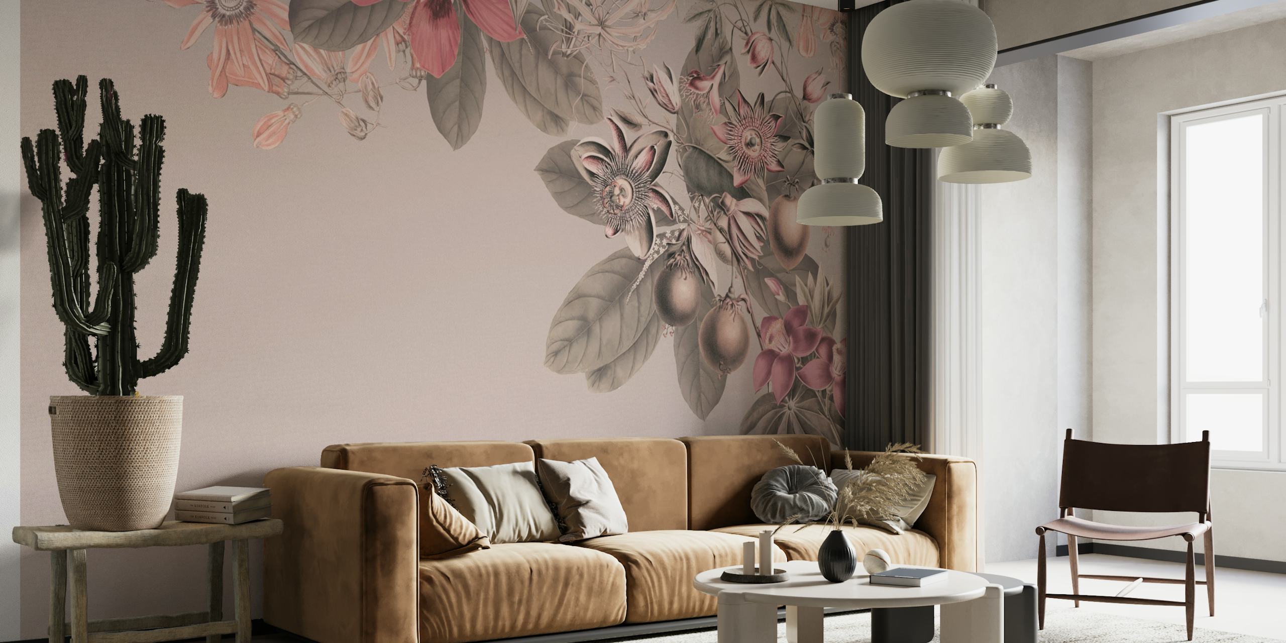 flores tropicais rosa pastel em um fotomural vinílico de parede com fundo silencioso