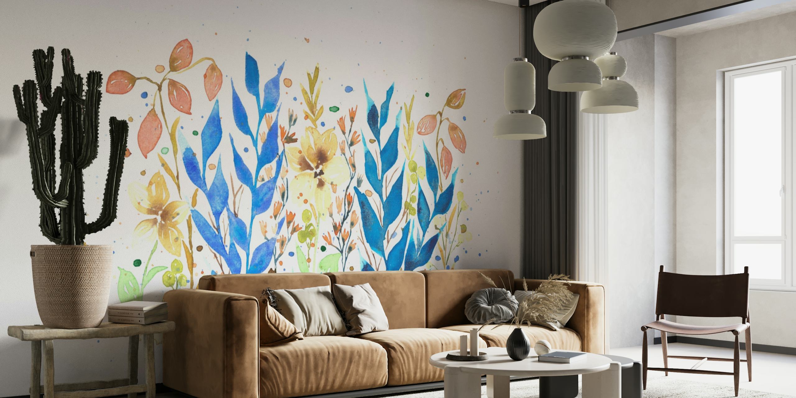 Pintura acuarela de flores azules y doradas con follaje verde en un mural de pared