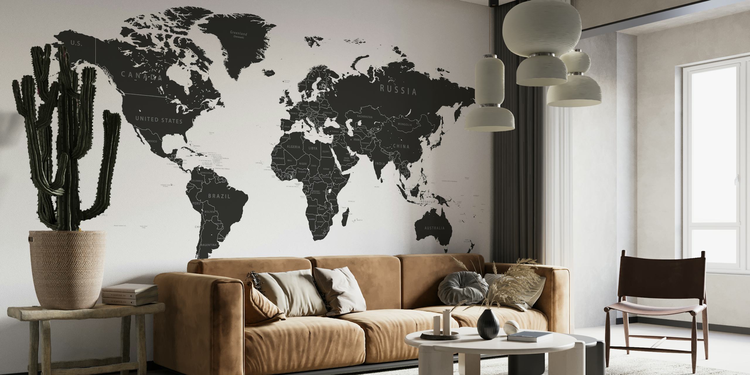 World Map Black White Grey behang