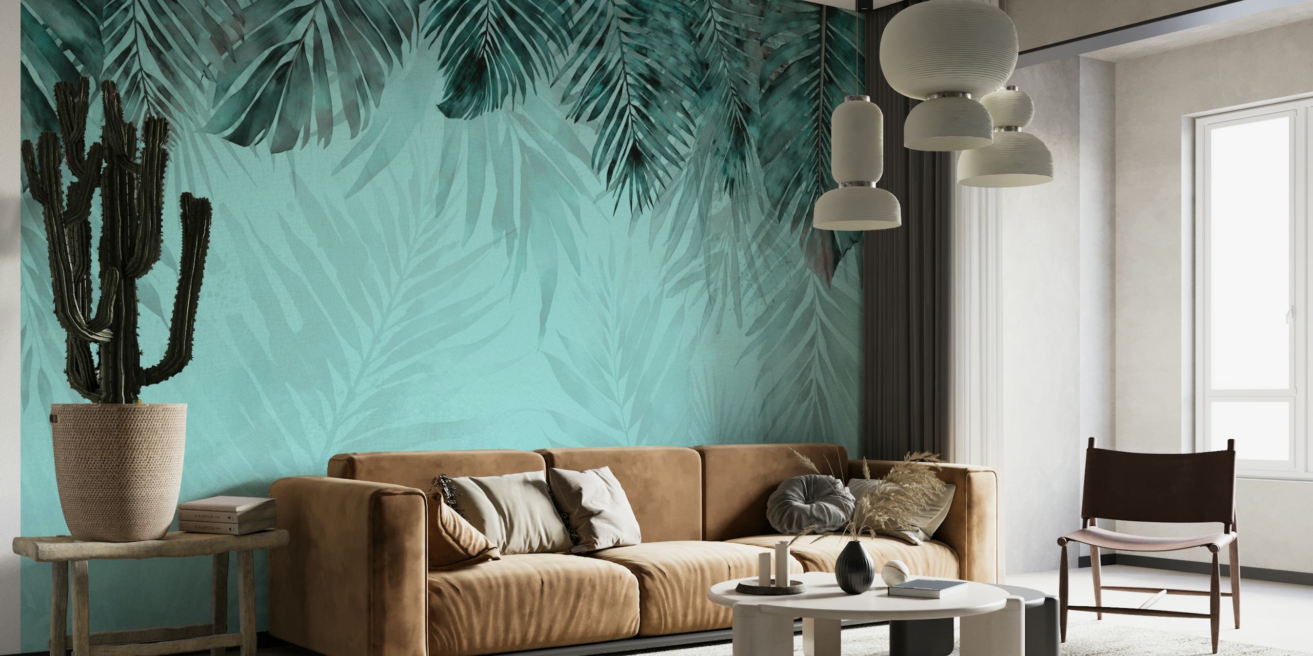 Vægmaleri med turkis og blågrønt jungletema med tropiske løvmønstre