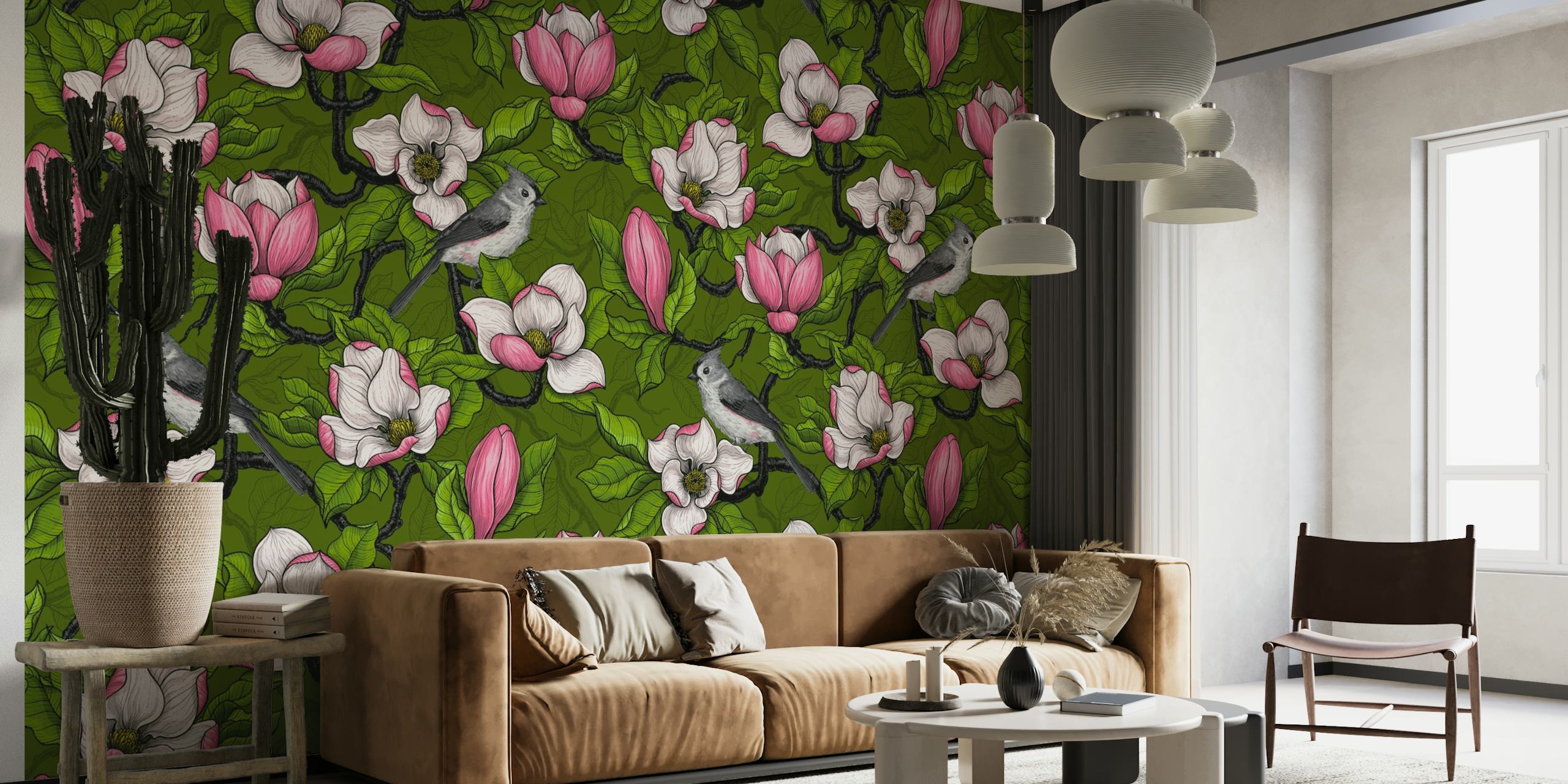 Cvjetovi magnolije u cvatu s pticama koje lete zidni mural