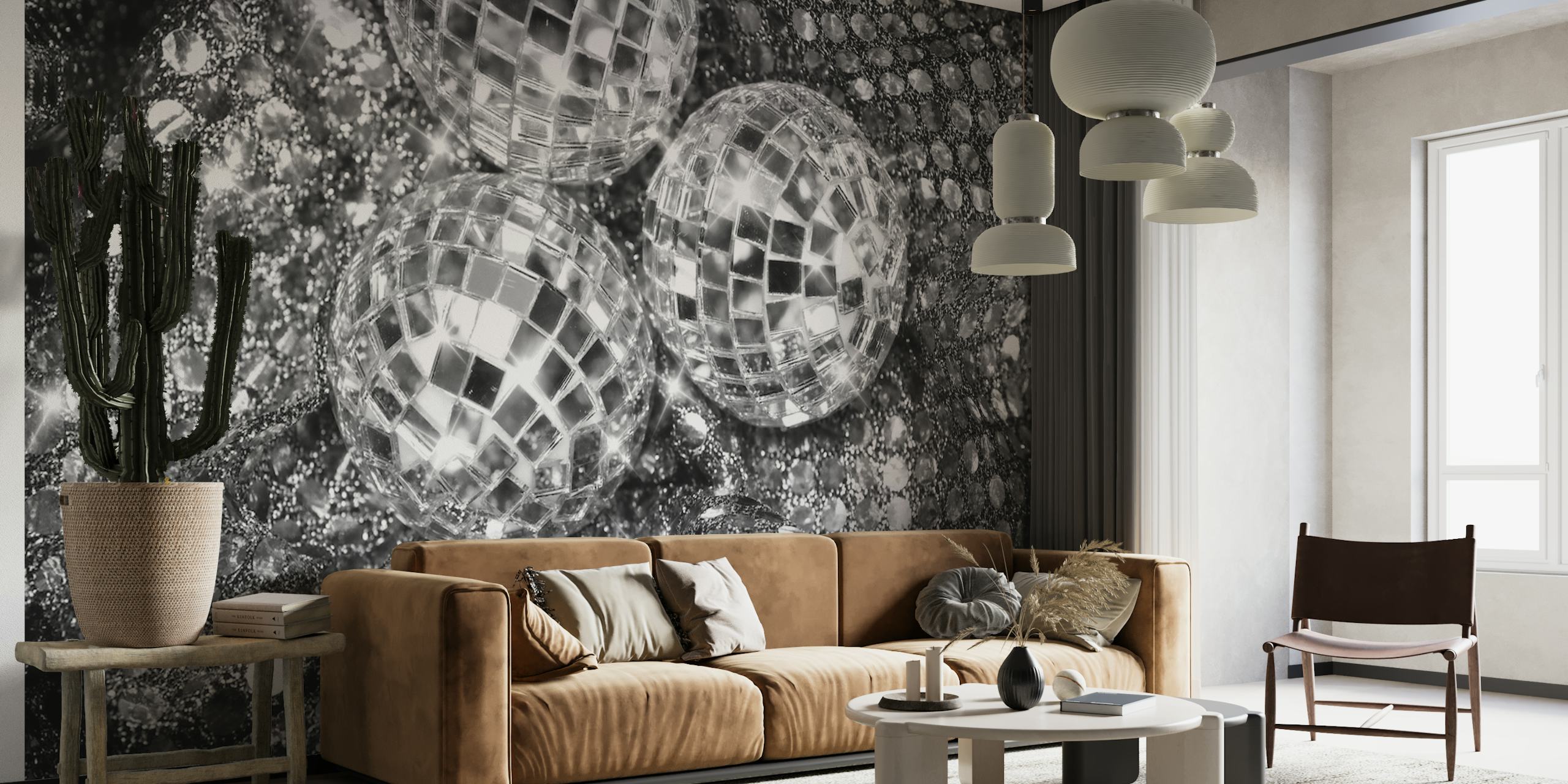 Fotomural vinílico de parede de bolas de discoteca preto e branco com textura brilhante