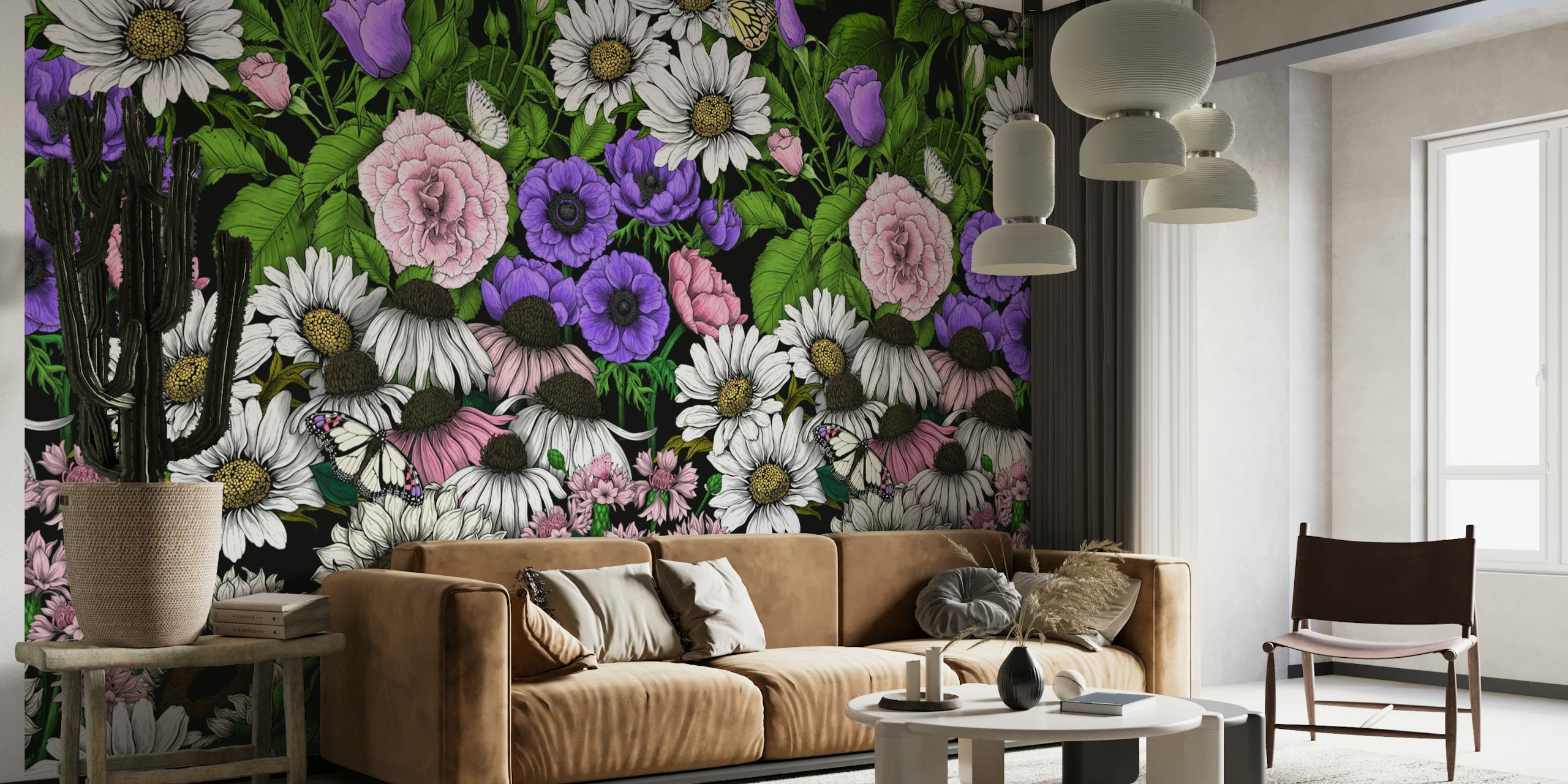 Close do mural de parede 'Redação de Jardim - Coleção 2' mostrando flores coloridas e padrão de folhas verdes