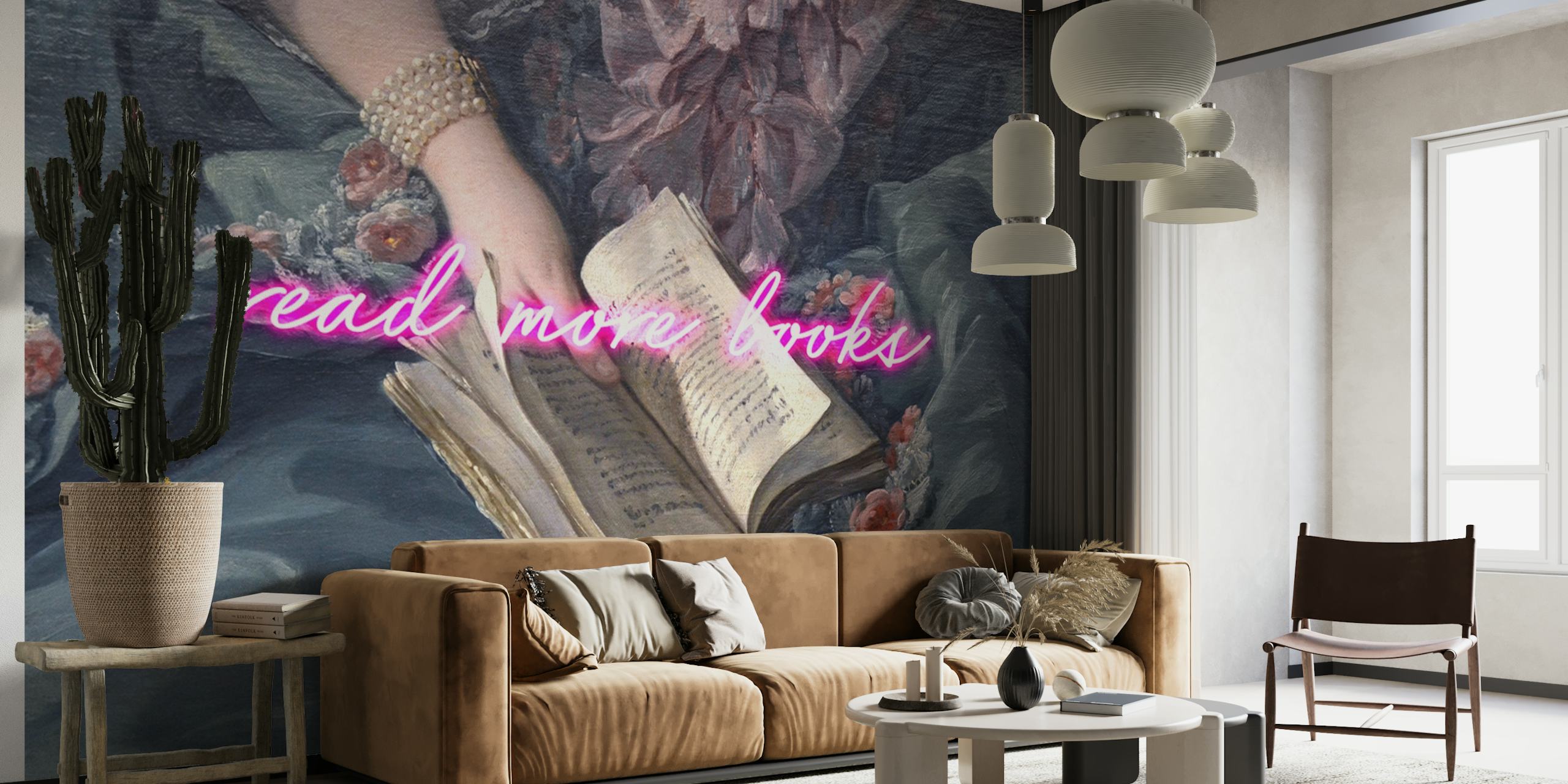 Wall mural with 'read more books' in neon on a vintage reading scene