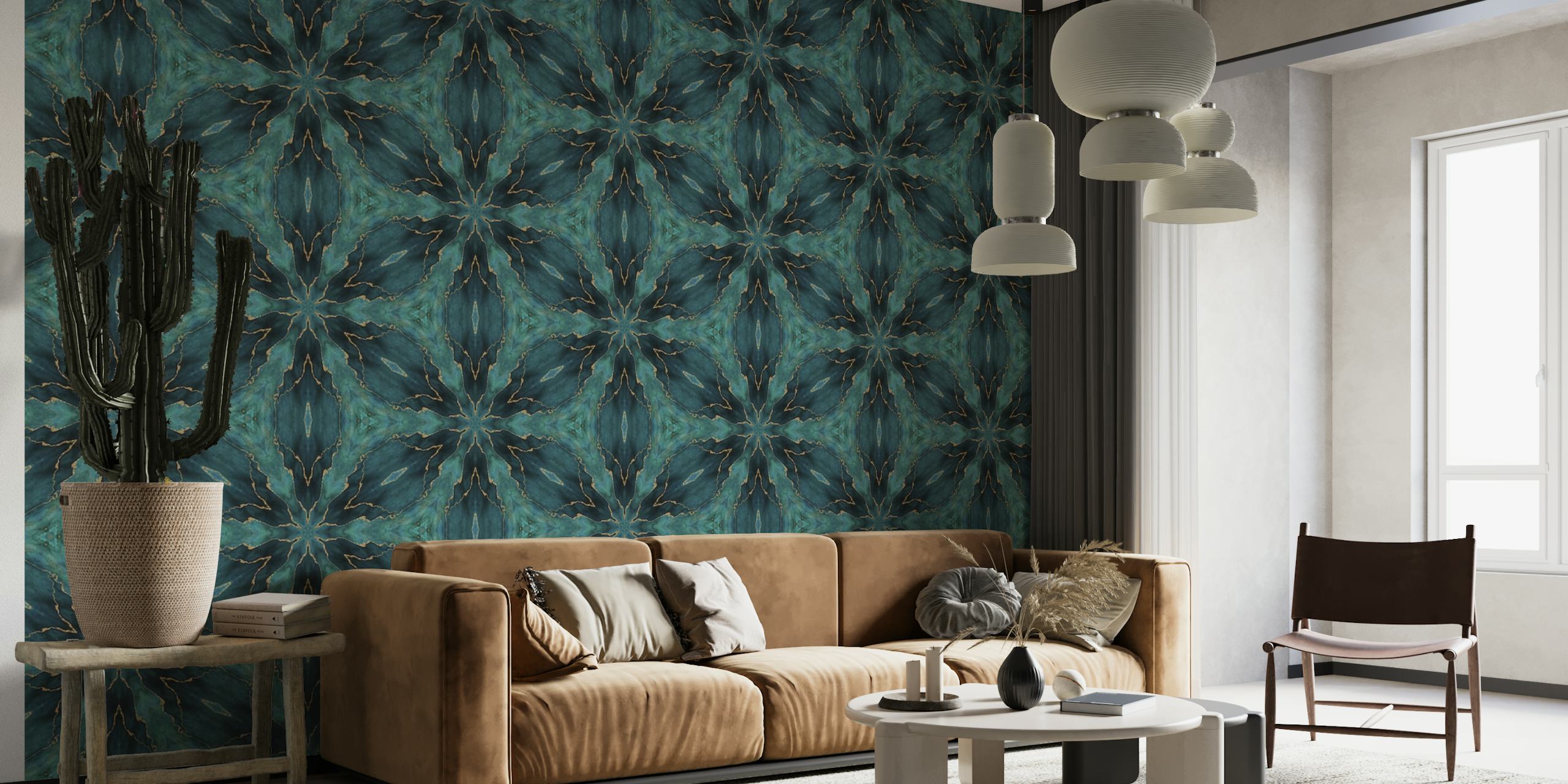 Fotomural vinílico de parede elegante com padrão de azulejo de mármore turquesa e dourado