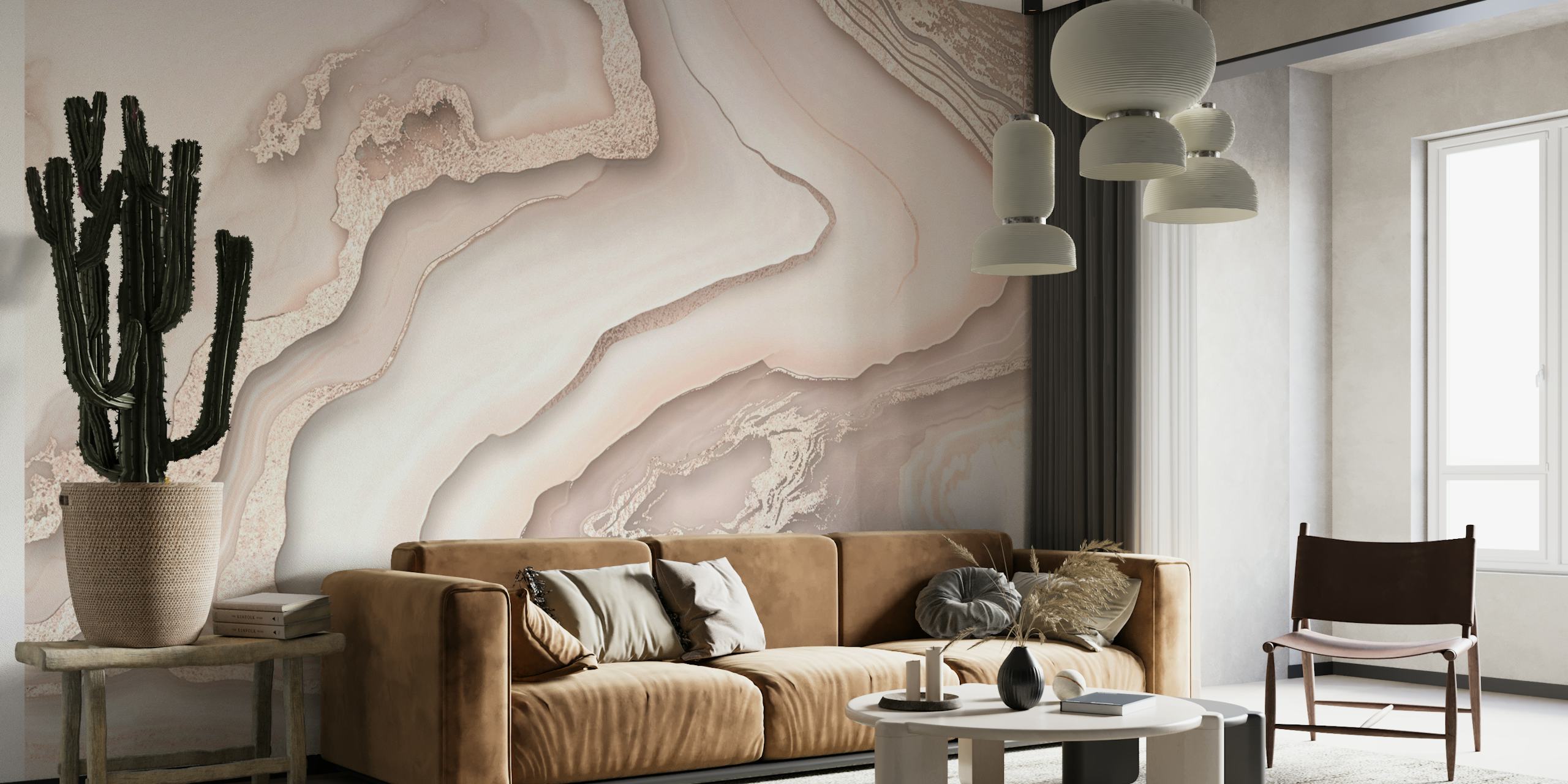 Elegante muurschildering met roségoud en wit marmerpatroon