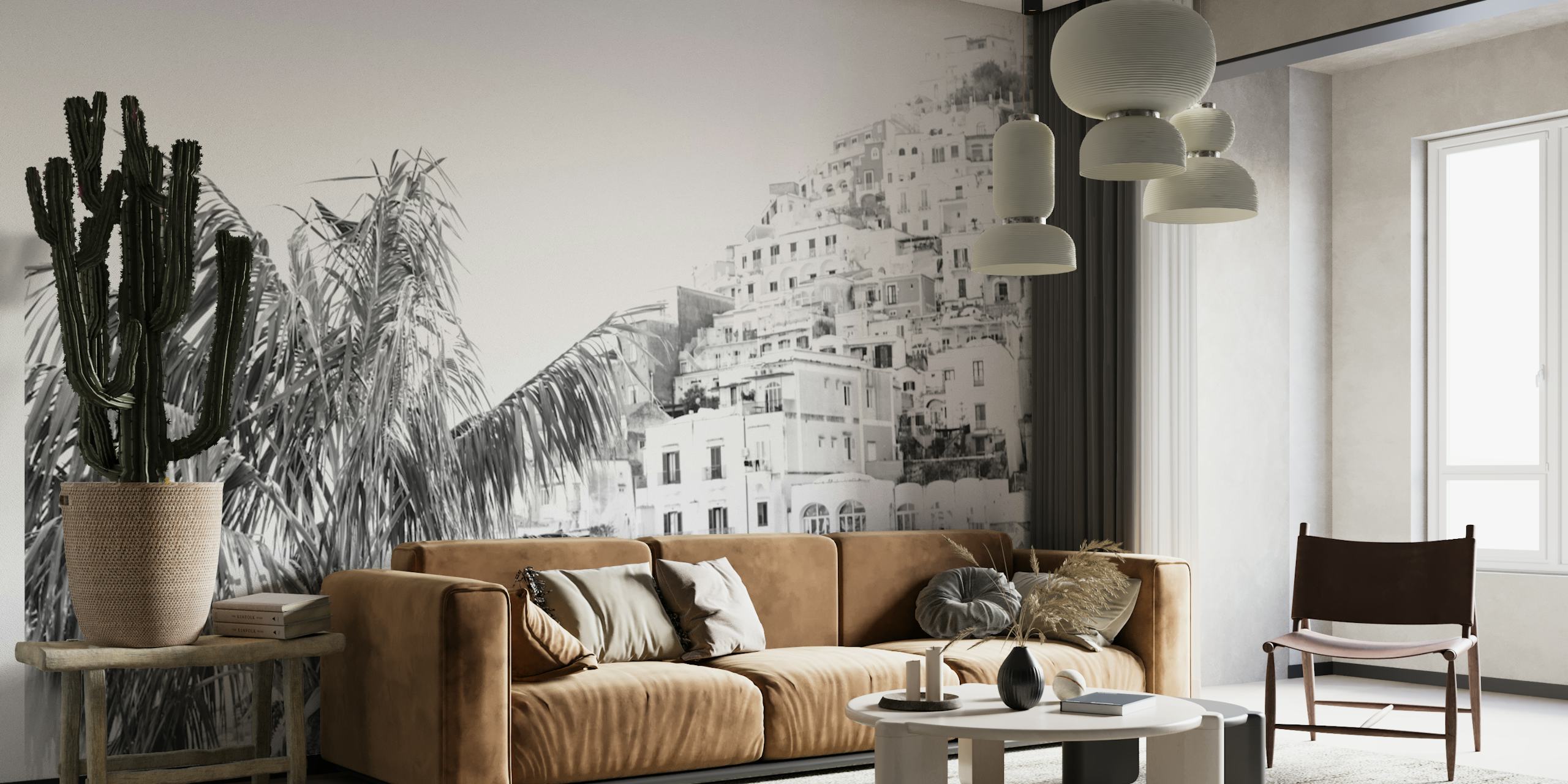 Monochromes Positano Hillside Wandbild mit Stadtarchitektur und üppigem Laub