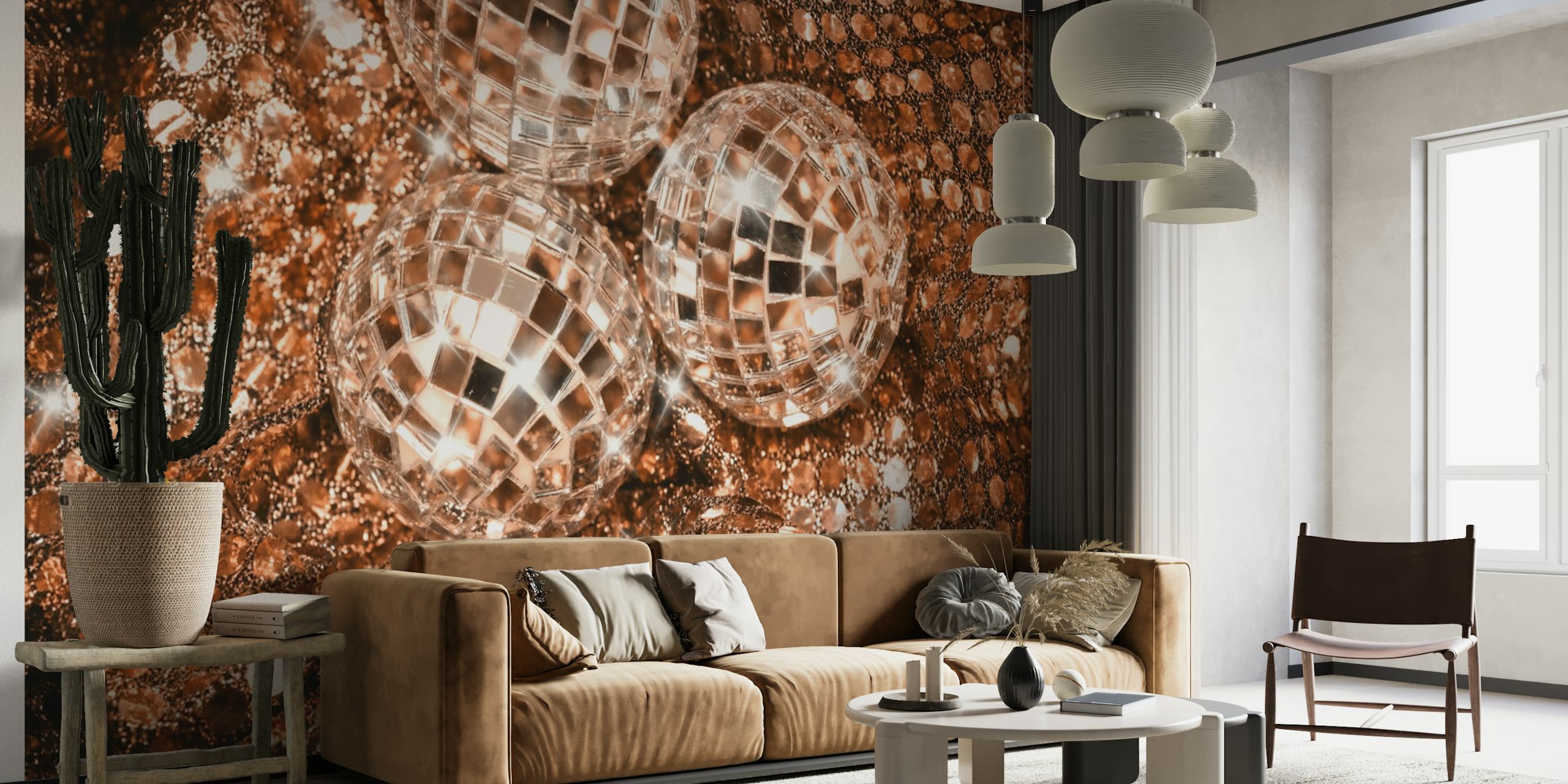 Shimmering disco balls on a glittering copper background wall mural