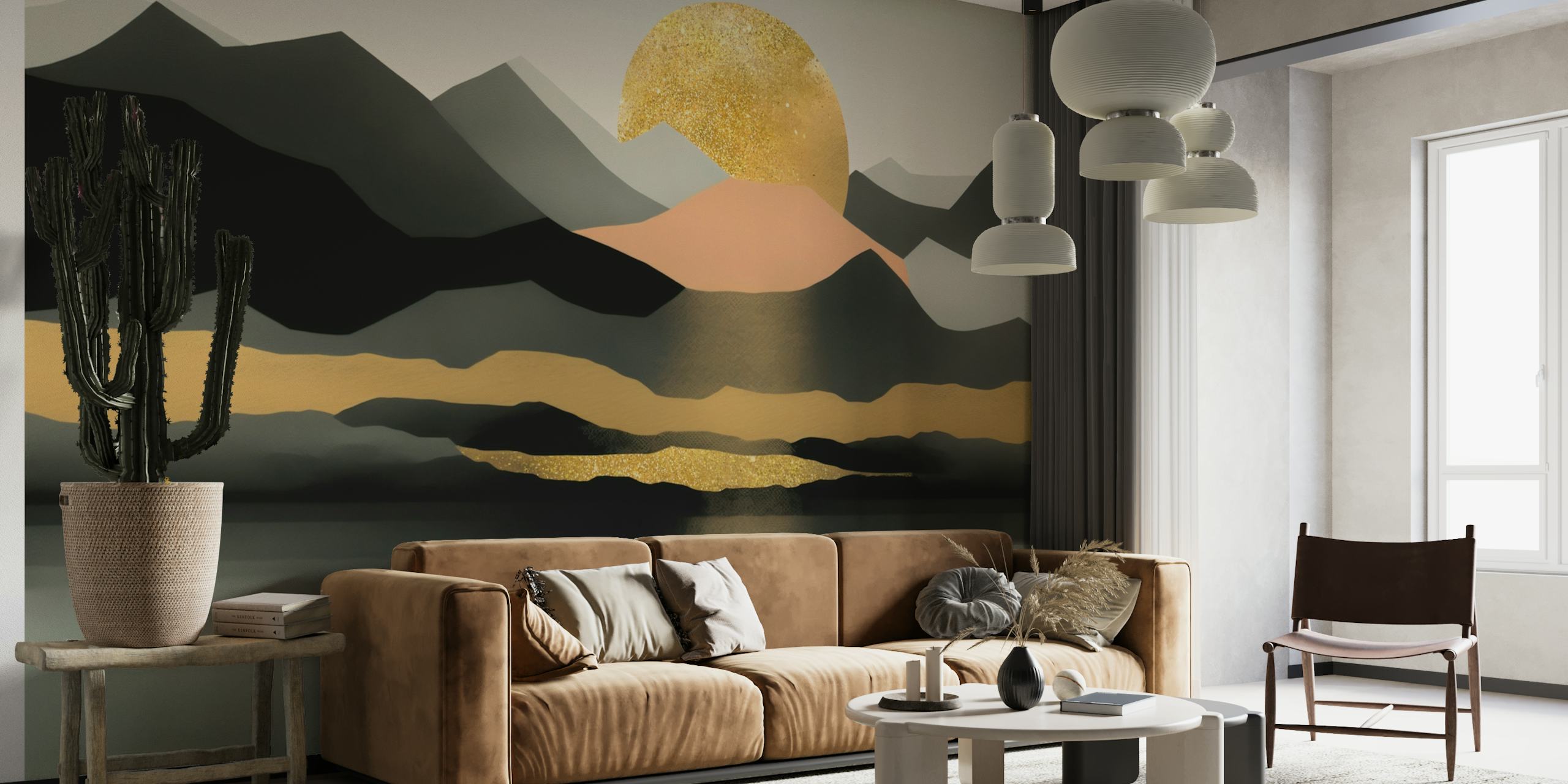 Golden Moon Rise Landscape Art papel de parede
