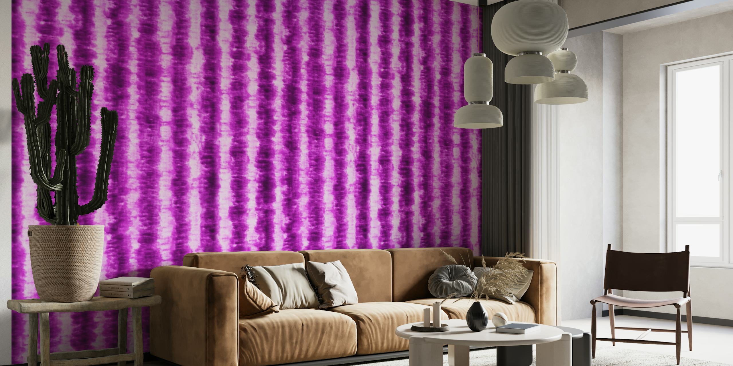 Mural de pared con estampado tie-dye de color morado vibrante de Happywall, ideal para una decoración ecléctica del hogar.