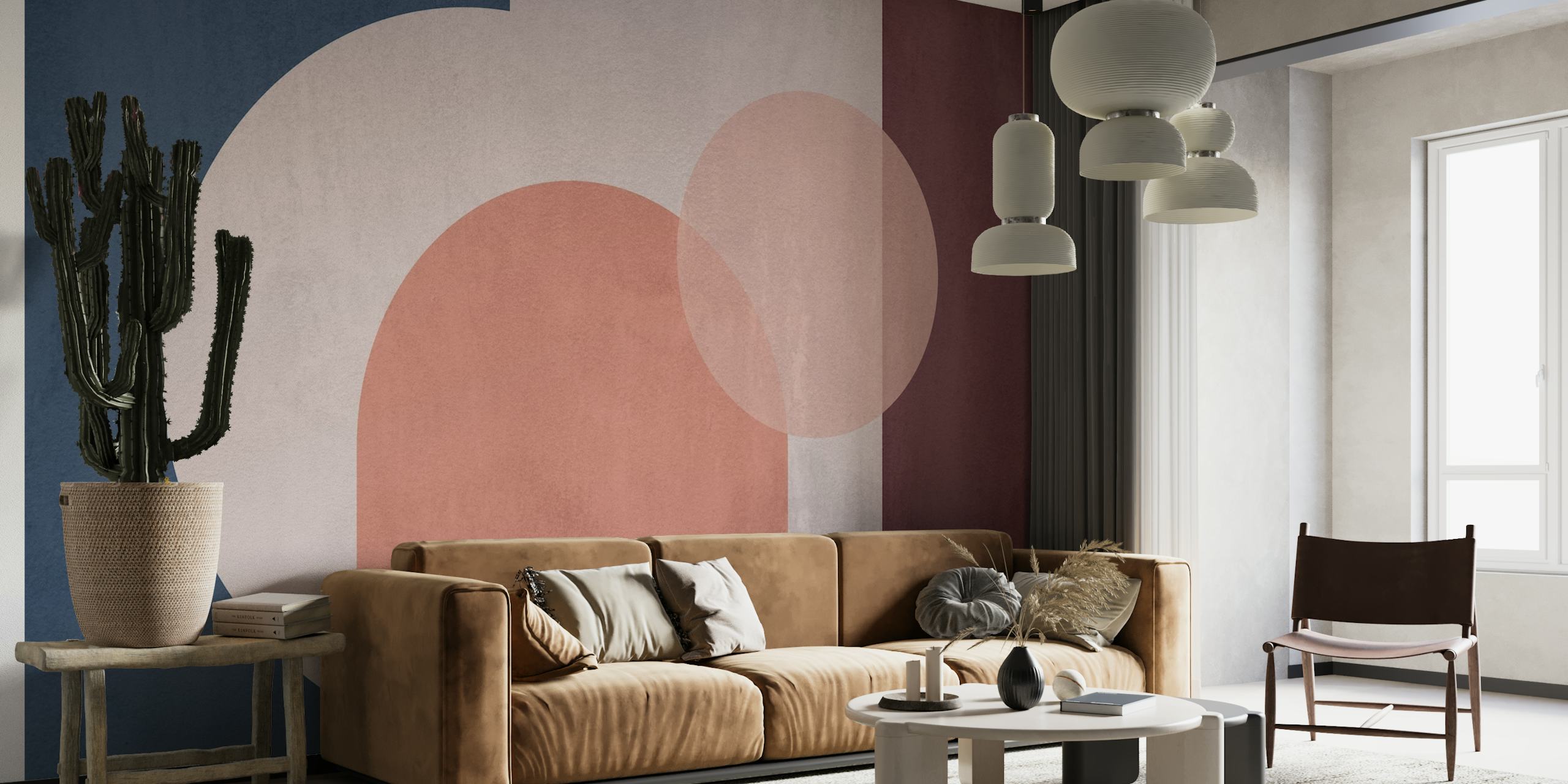 Abstracte geometrische muurschildering van zacht cement in de kleuren blauw, roze en bordeaux