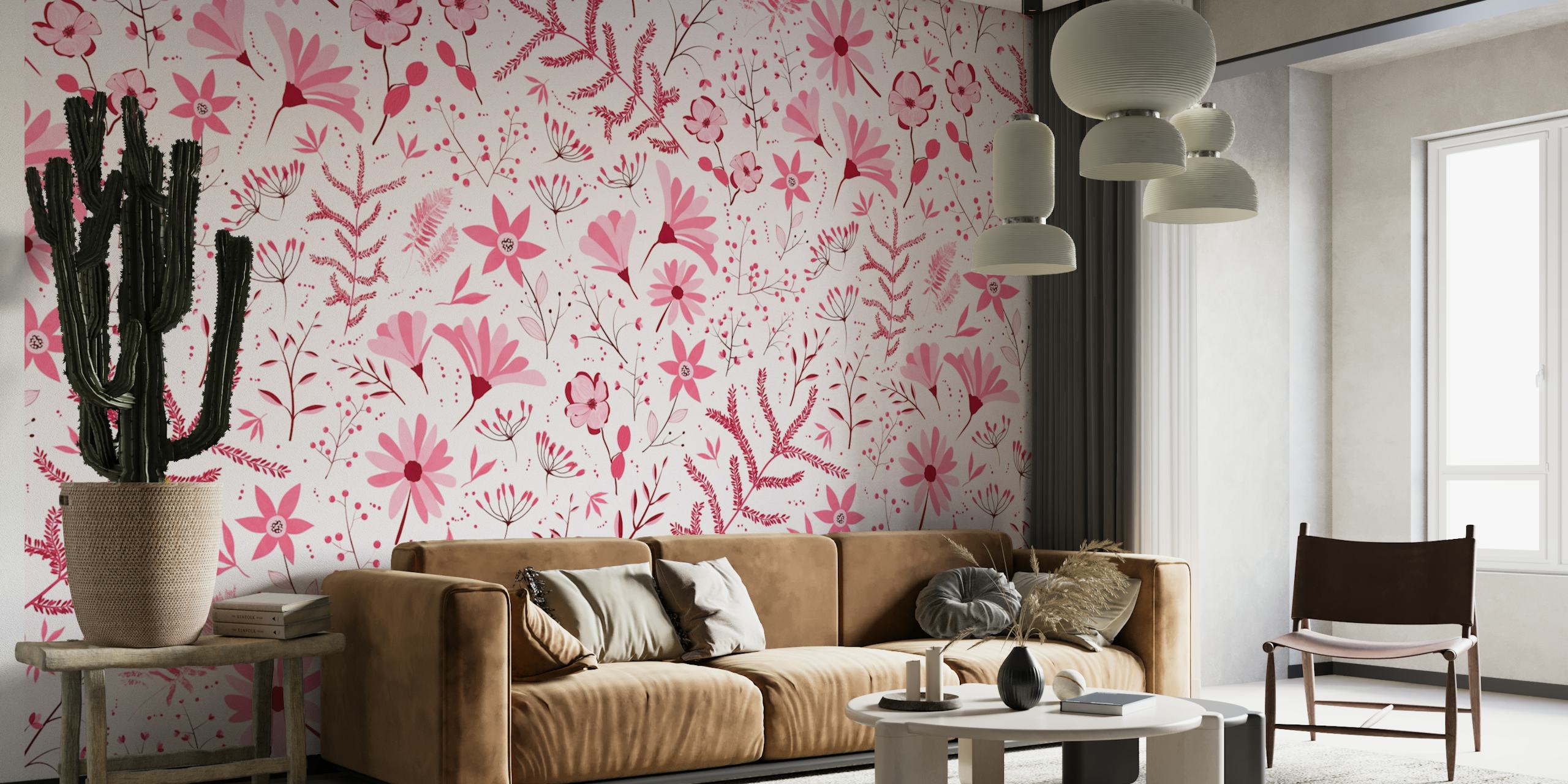 Magenta wilde bloemen en planten muurschildering ontwerp