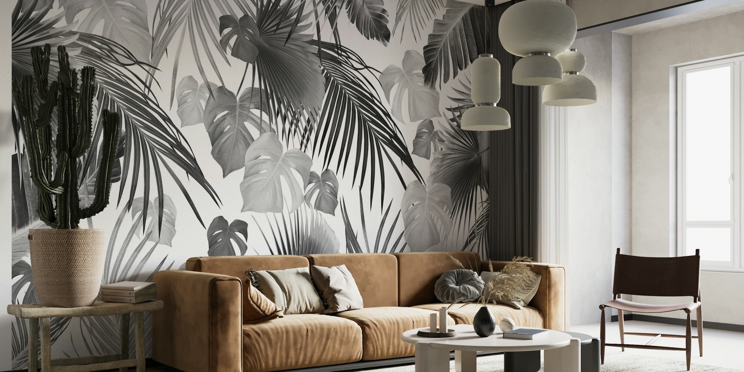 Mural de parede de folhas de selva tropical em preto e branco