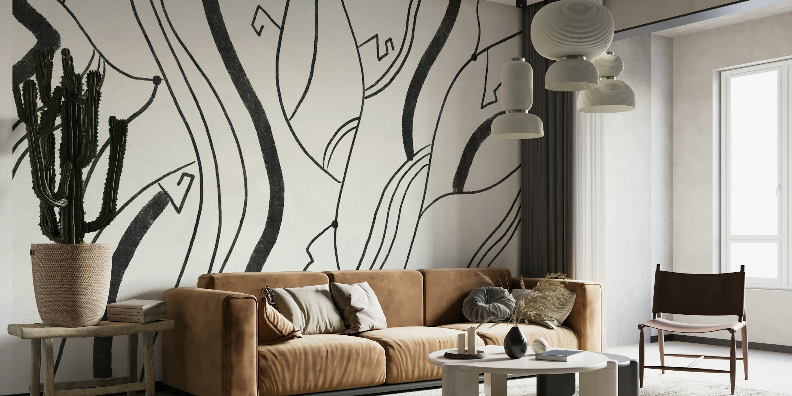 Monochrome abstracte lijnkunst muurschildering van happywall.com
