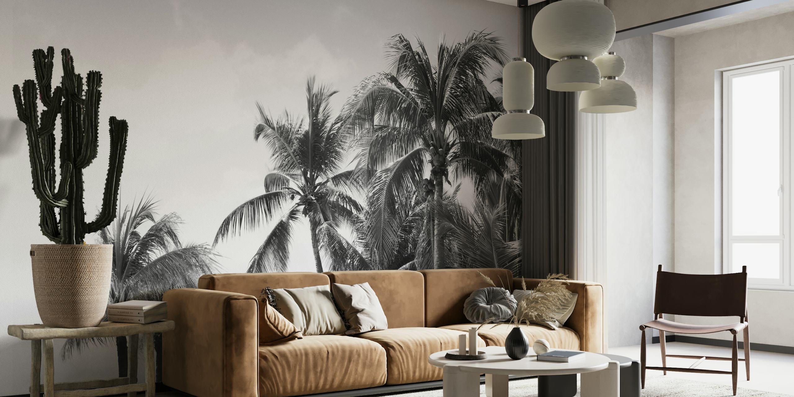 Black-and-white wall mural depicting palm trees against a calm beach backdrop