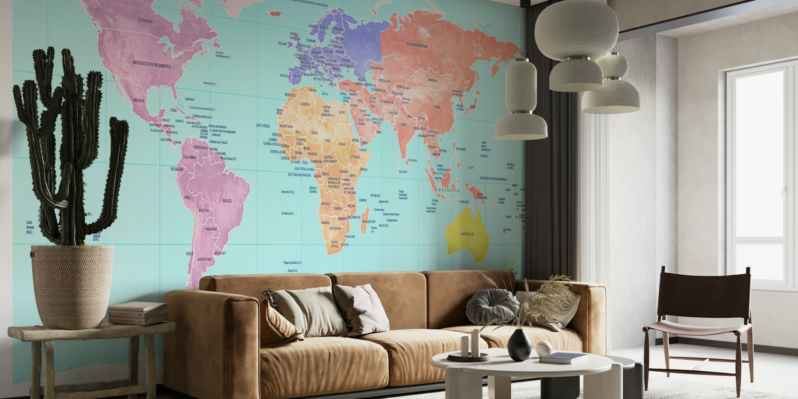 Värikäs maailmankartan seinämaalaus, joka näyttää mantereet eri sävyissä