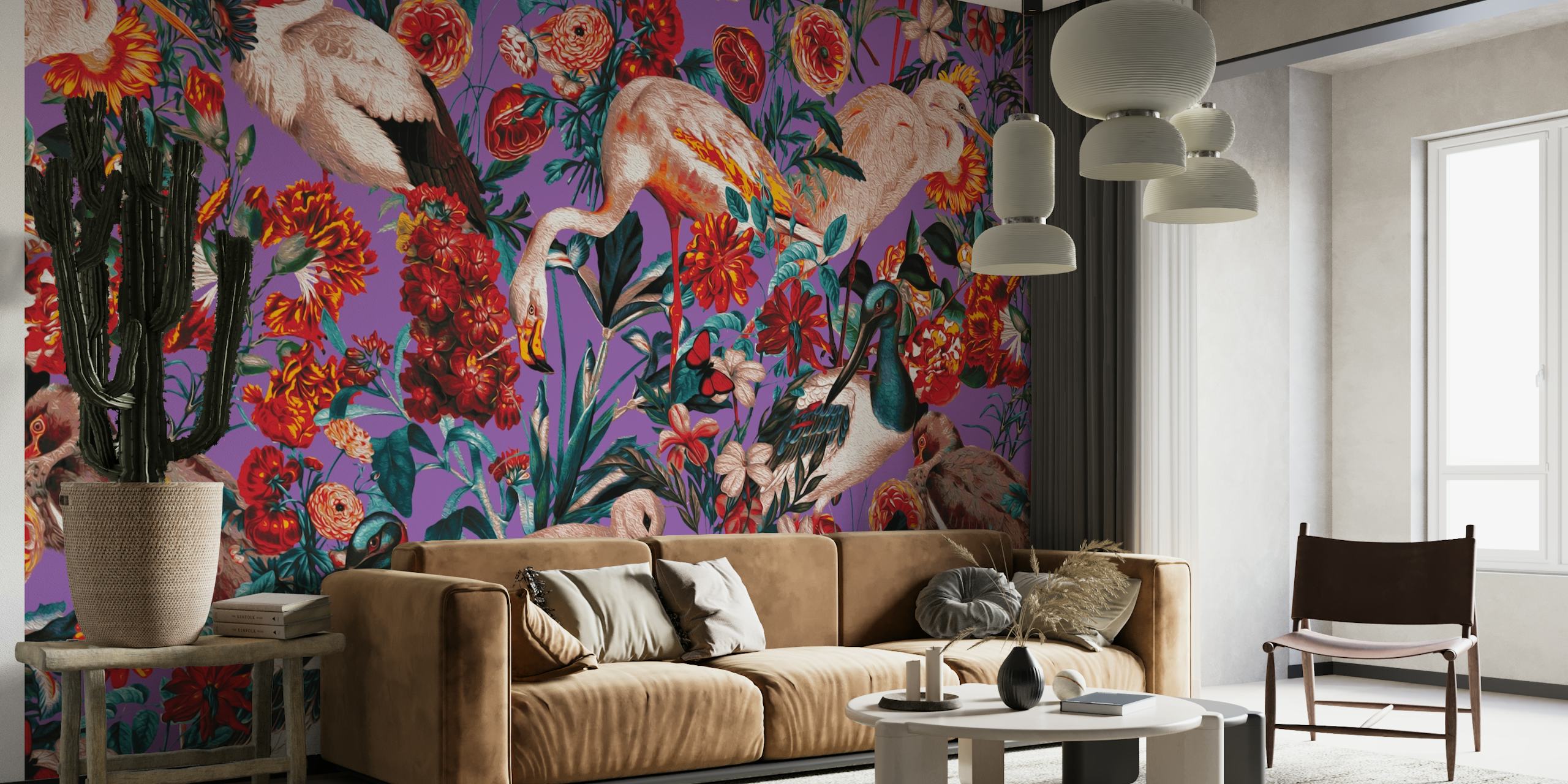 Exotic birds and floral wall mural in vivid colors