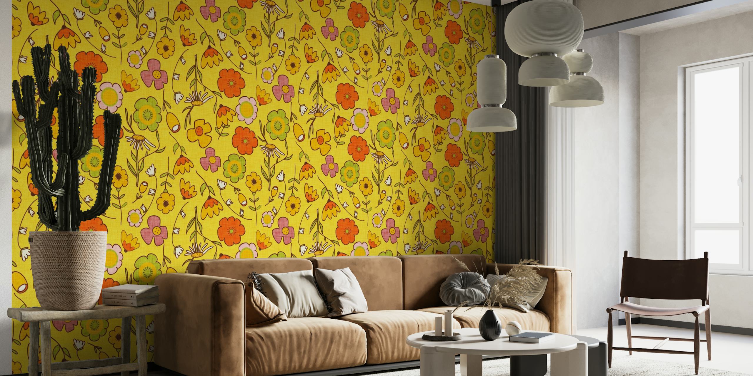 Retro stil 70'er blomsterbuket Gul vægmaleri med levende gule blomster og grønt på en varm baggrund.
