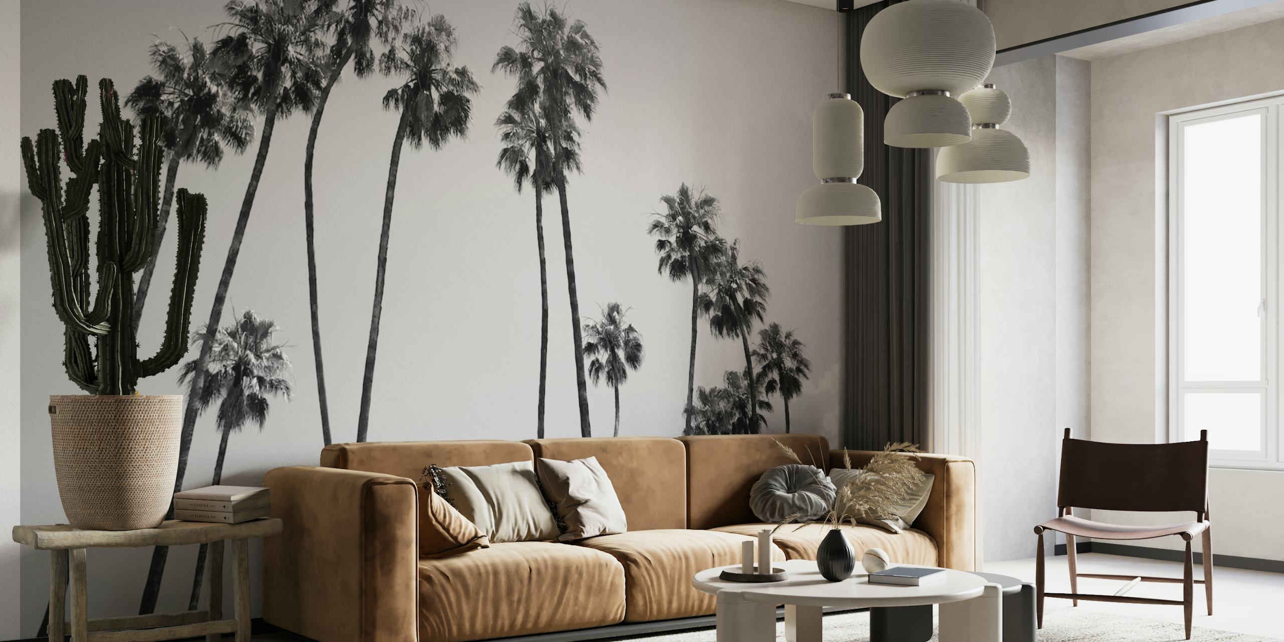 Mustavalkoinen palmujen seinämaalaus