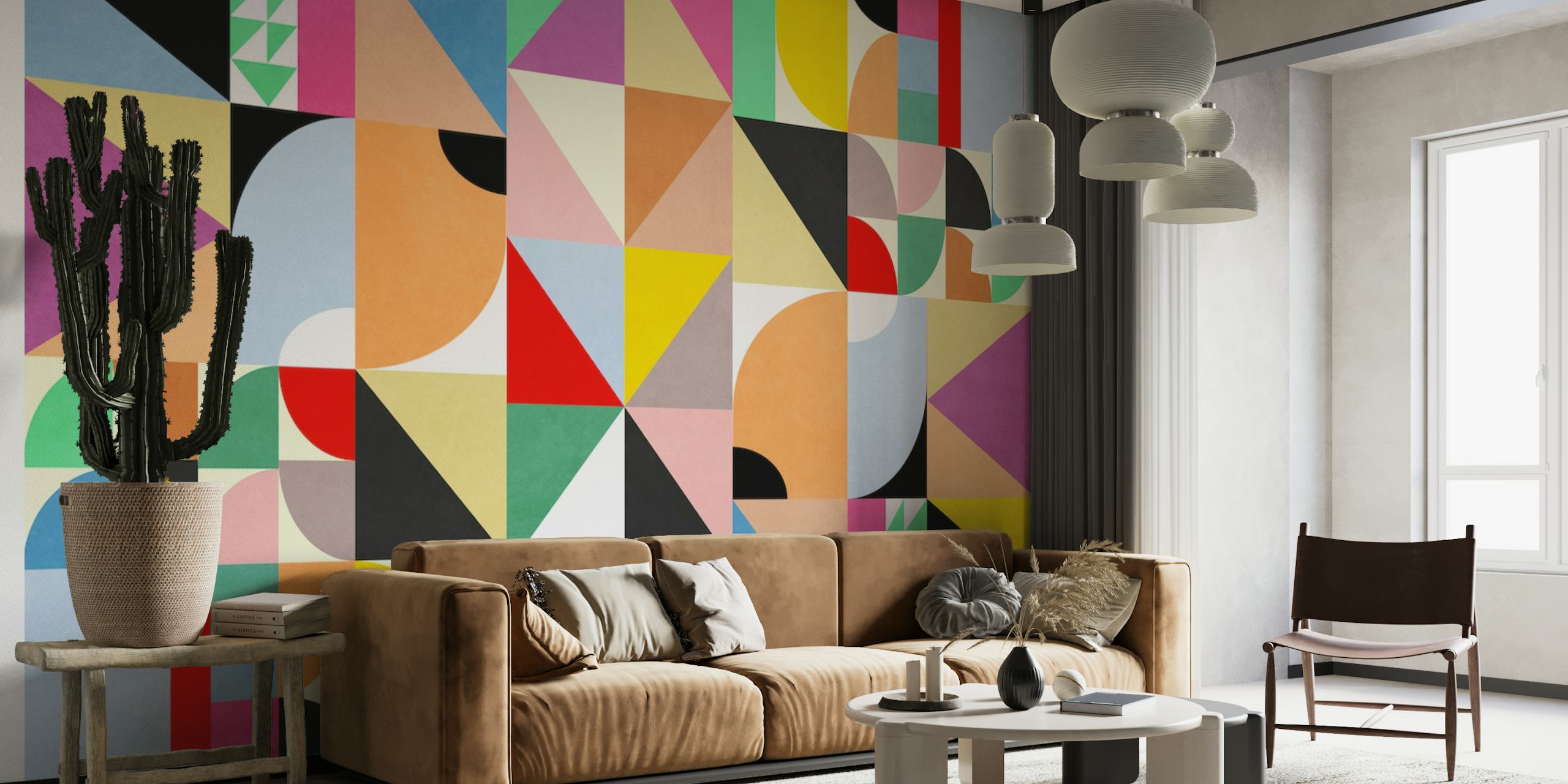 Colorful abstract geometric shapes mural with a mix of triangles, circles, and patterns