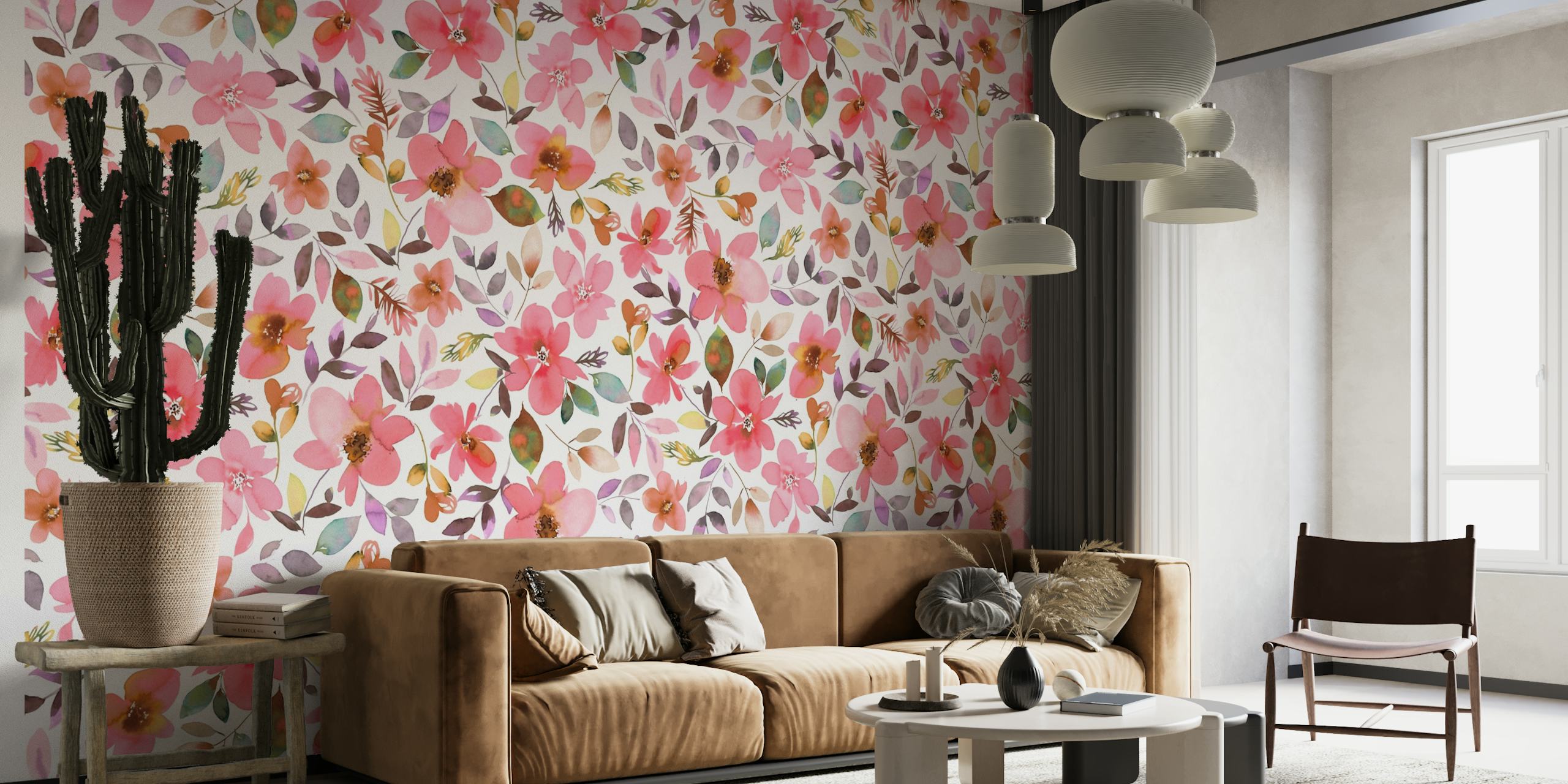 Ein farbenfrohes Wandbild mit Korallenblumen und tropischen Pflanzen, das ein lebendiges Sommerthema schafft.