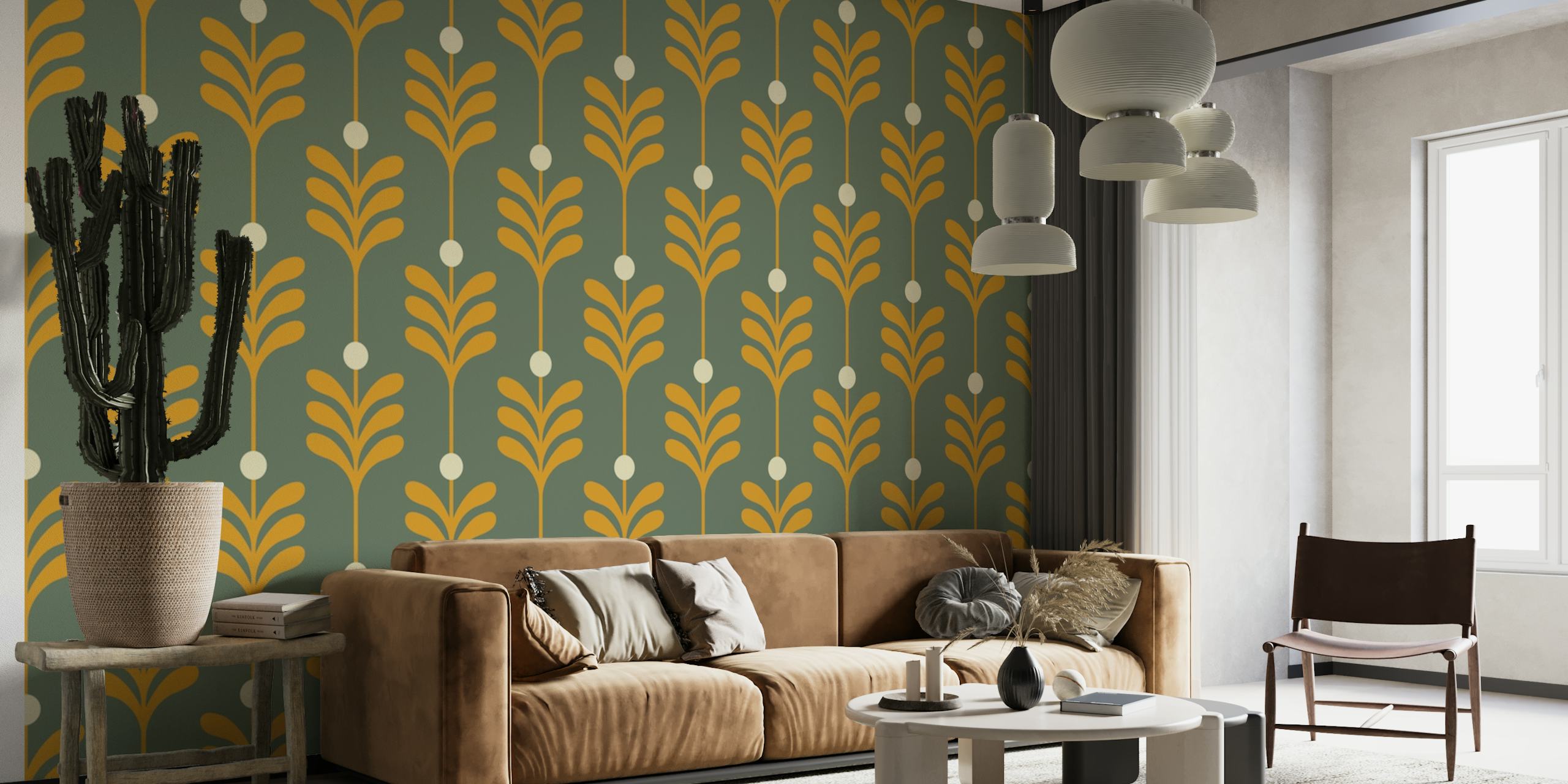 Wandtapete mit Blättern im Art-Deco-Stil mit goldenen Mustern auf blaugrünem Hintergrund