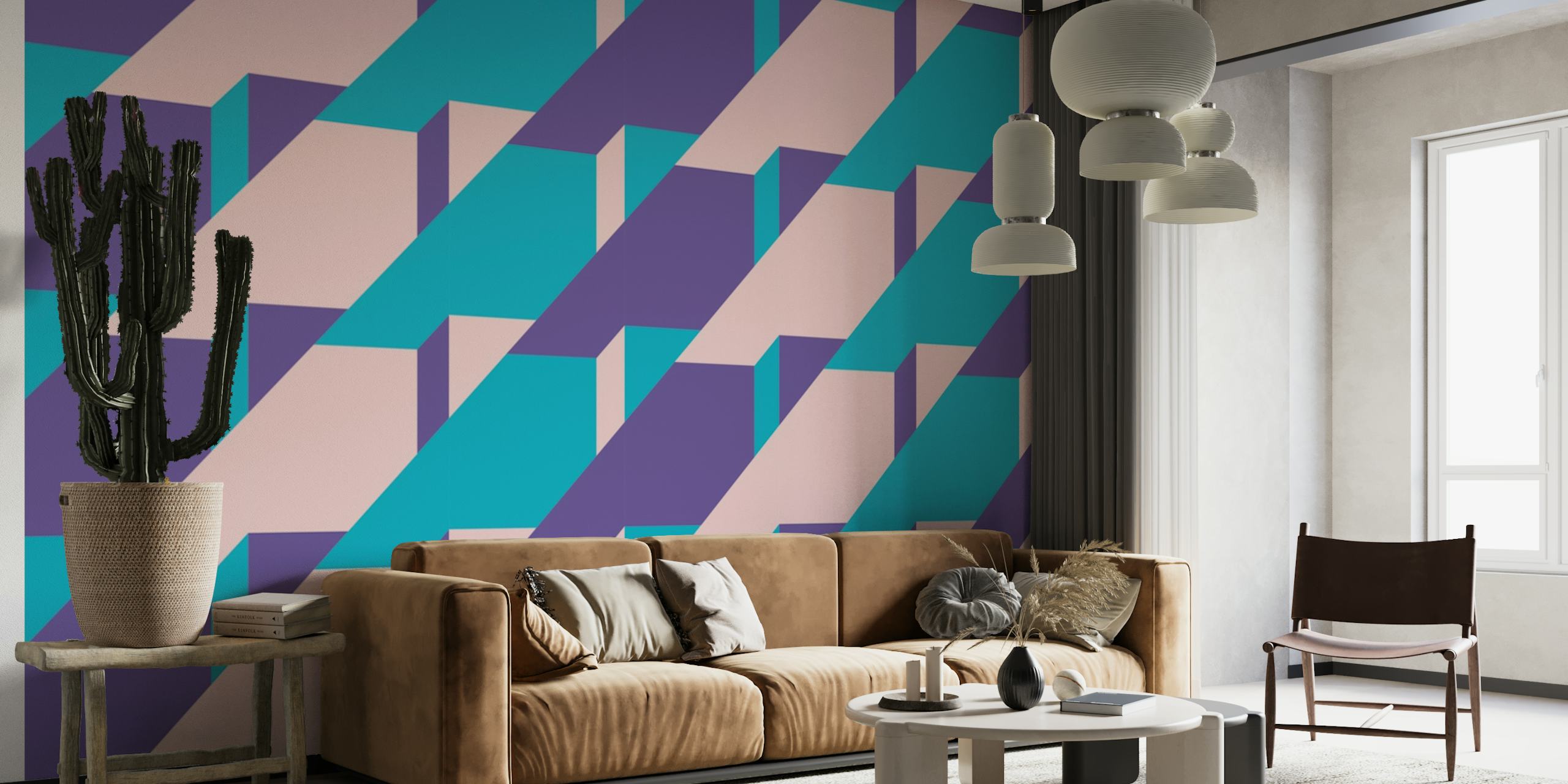 Geometric shapes wall mural in purple and blue shades with a glowing abstract design