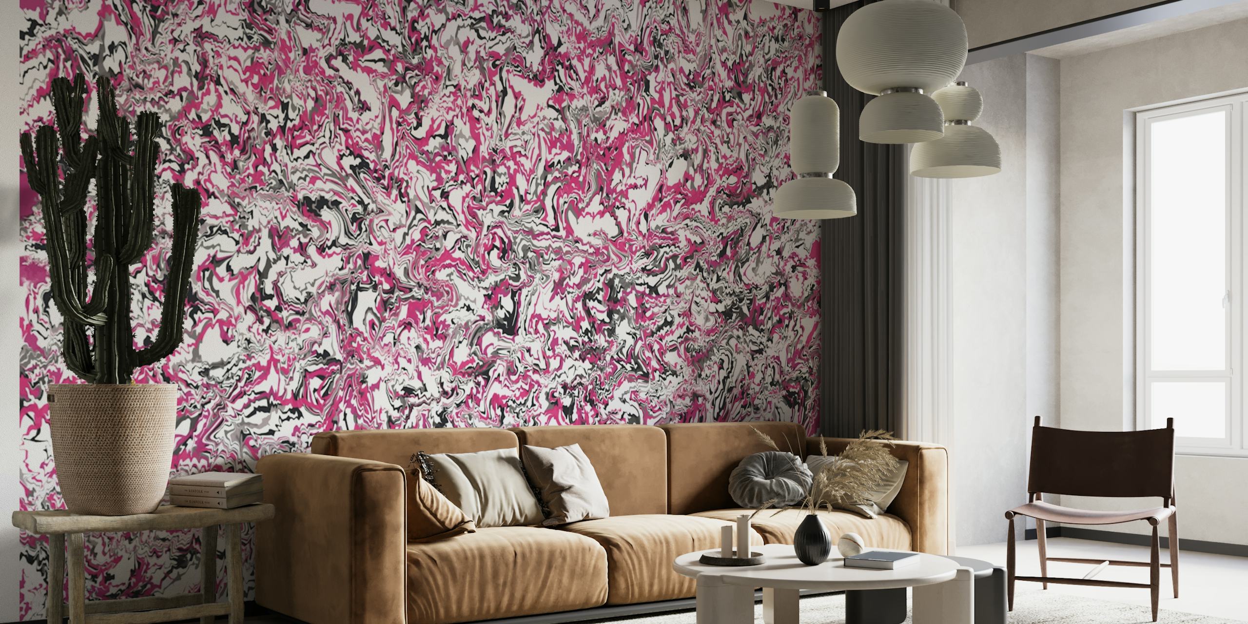 Abstraktní růžová a šedá nástěnná malba