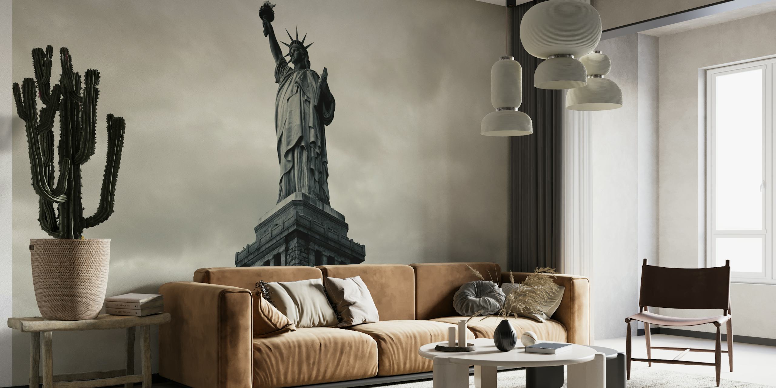 Mural de parede preto e branco de uma icônica estátua americana que simboliza a liberdade e o patriotismo