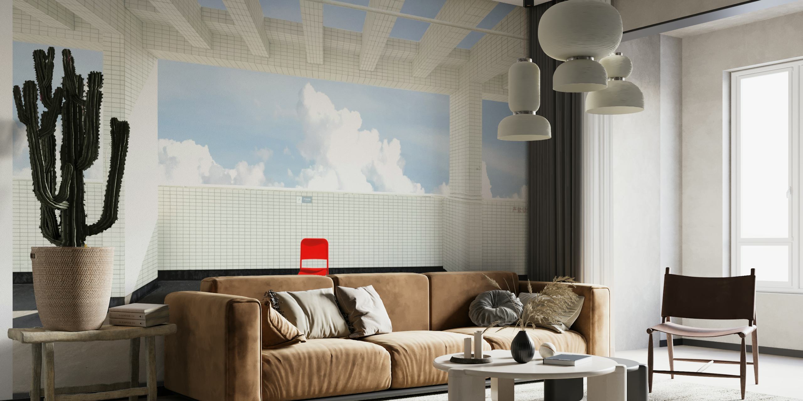 Mural de parede minimalista com uma cadeira vermelha contra um fundo de céu sereno