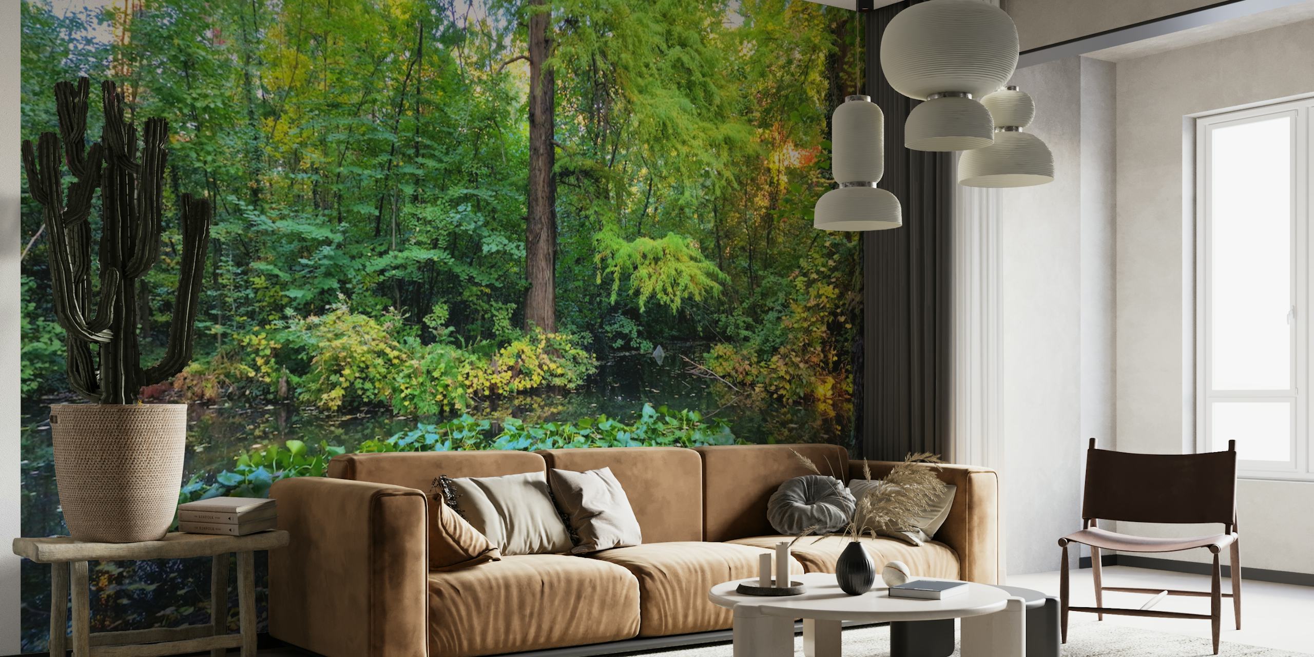 Fotomural vinílico de parede exuberante com cena de floresta com folhagem ensolarada e vegetação verdejante
