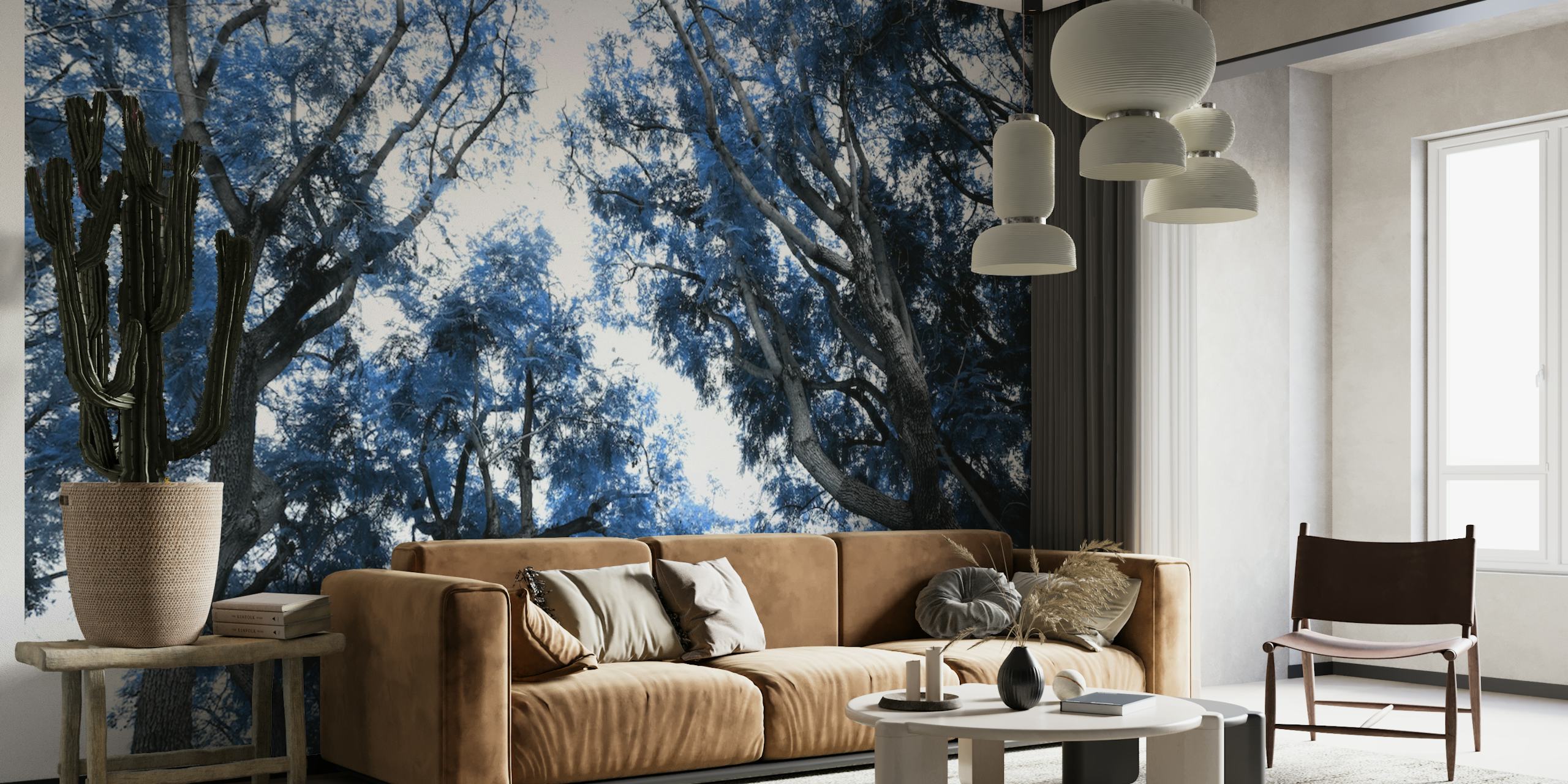 Tummansininen ja hopea puun siluetti seinämaalaus
