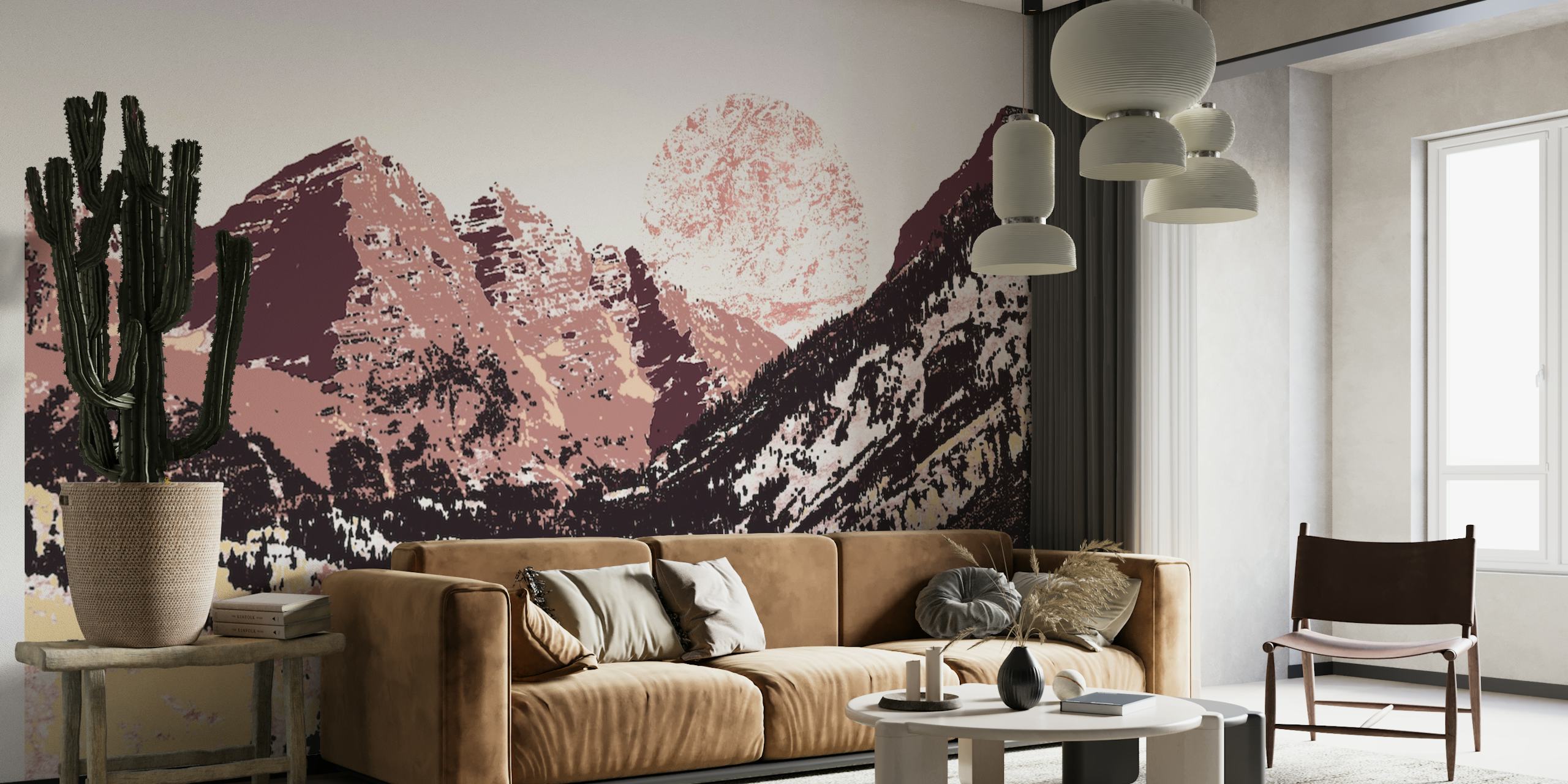 Une fresque murale représentant une chaîne de montagnes avec des tons brun terreux et des teintes de lever du soleil