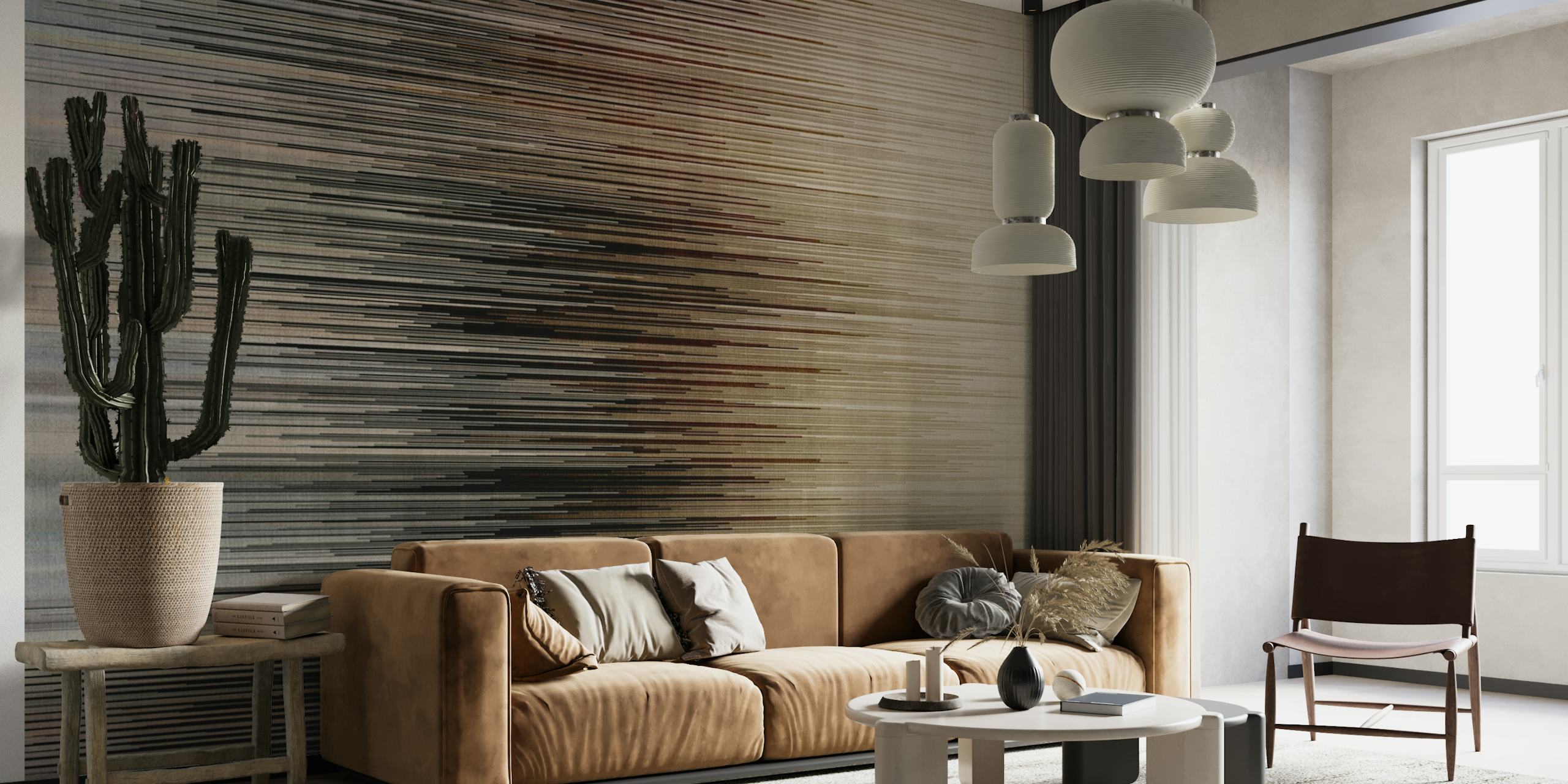 Fotomural vinílico de parede com padrão de linhas abstratas com linhas finas borradas e tons neutros criando textura.
