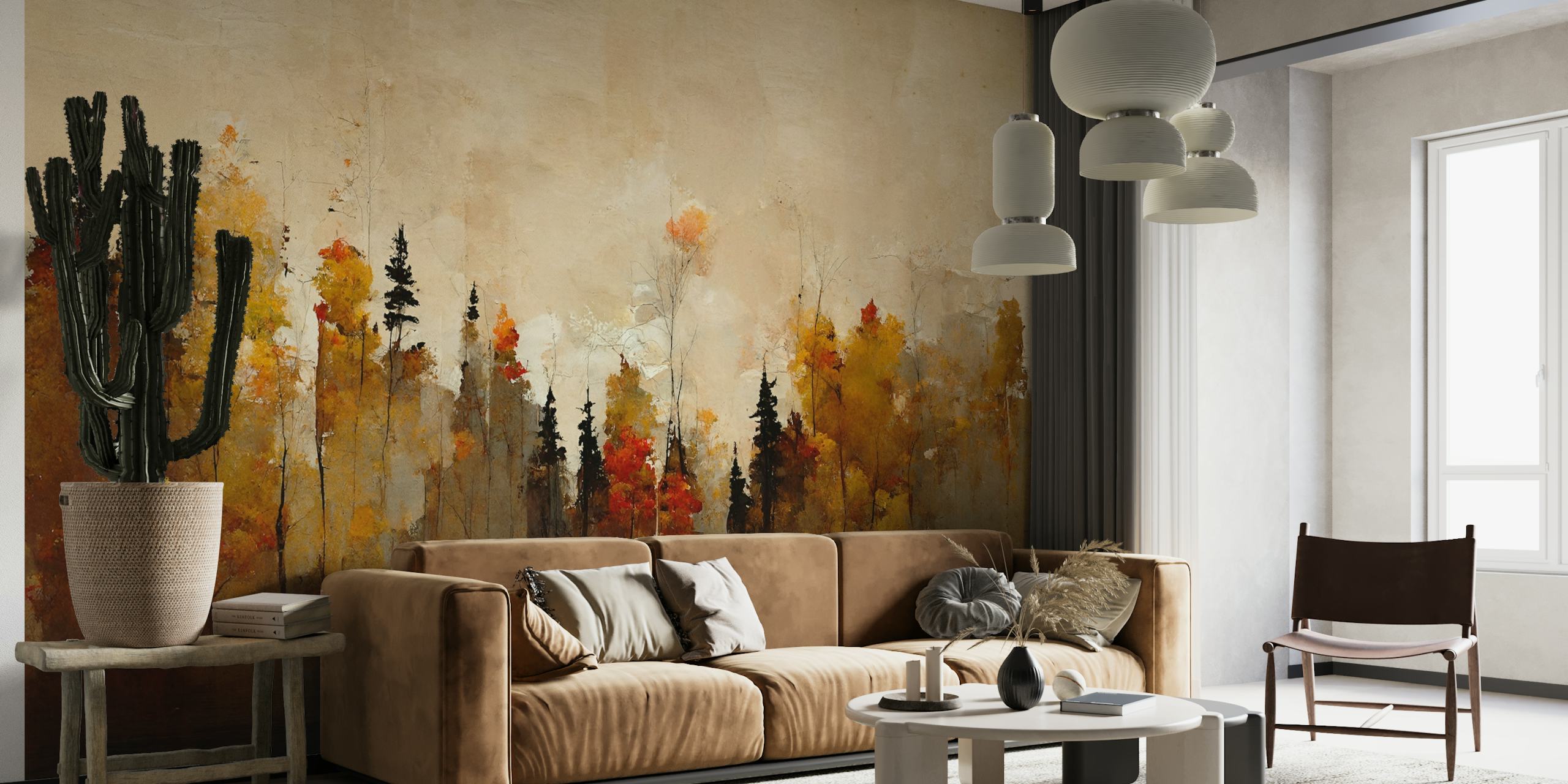 Autumnal forest scenery wall mural with golden, russet, and green tones