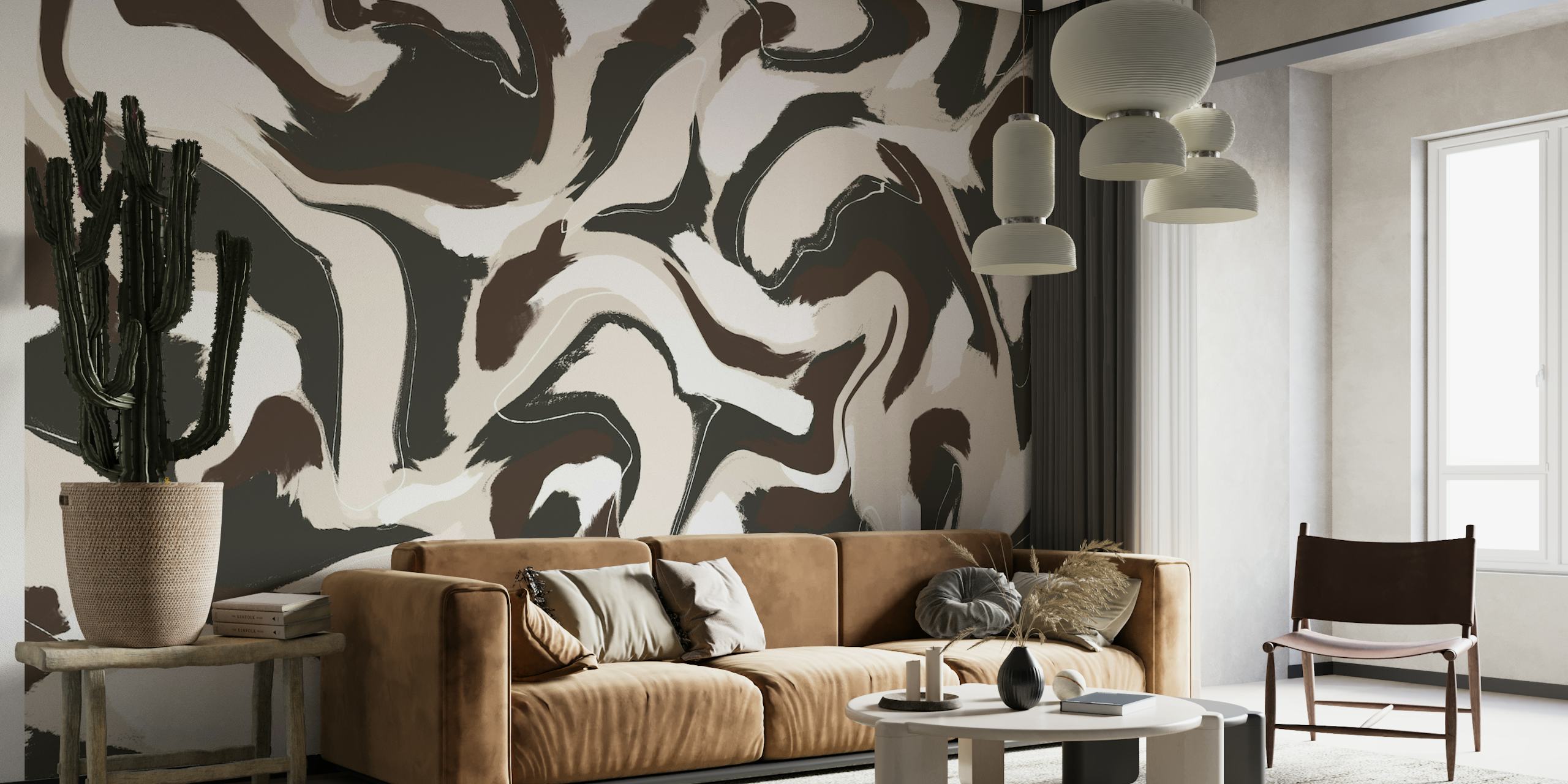 Abstract Shaky Brown Beige Strokes Wall Mural